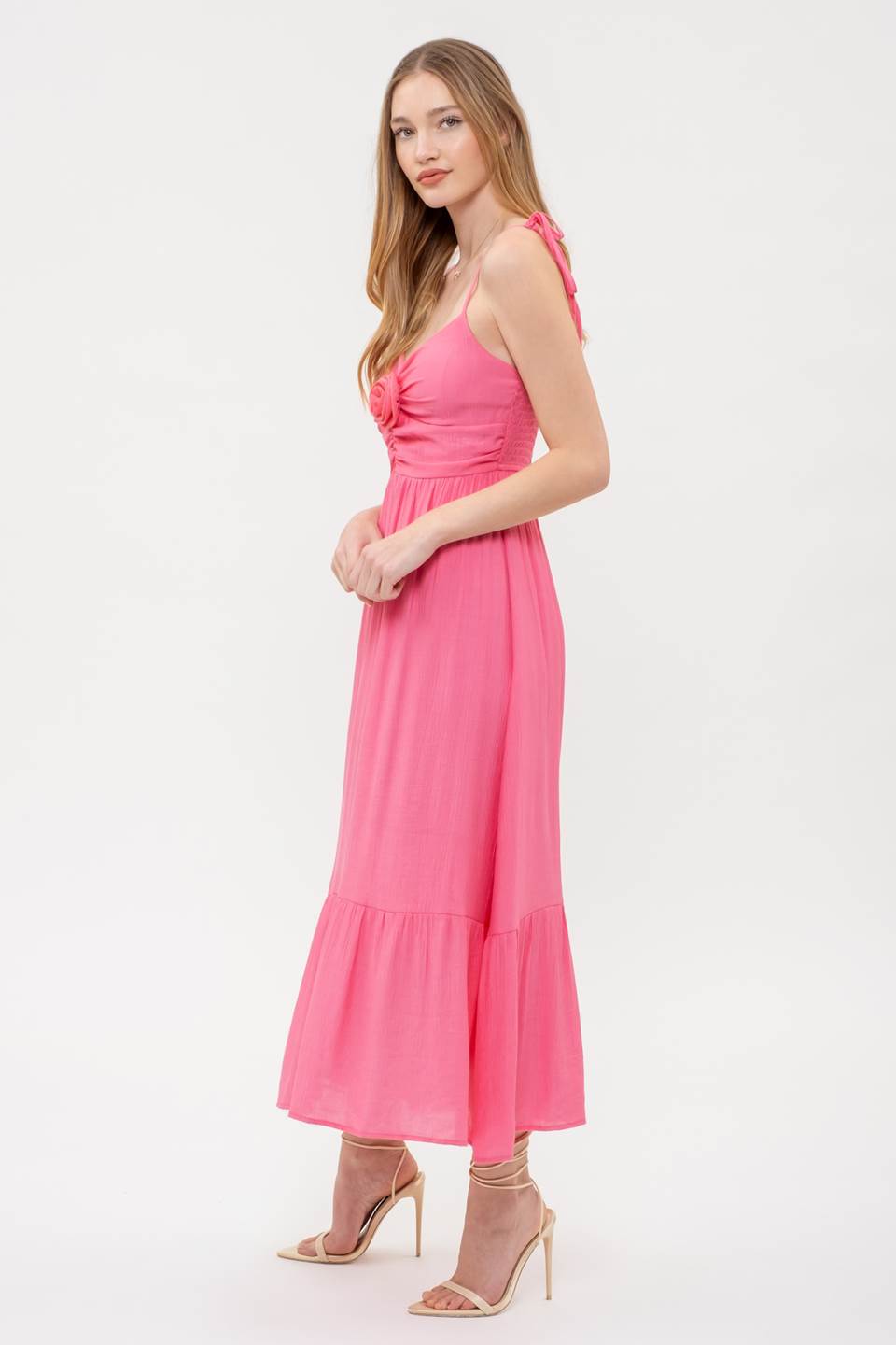 RUCHED FRONT TIE STRAP ROSETTE MIDI DRESS