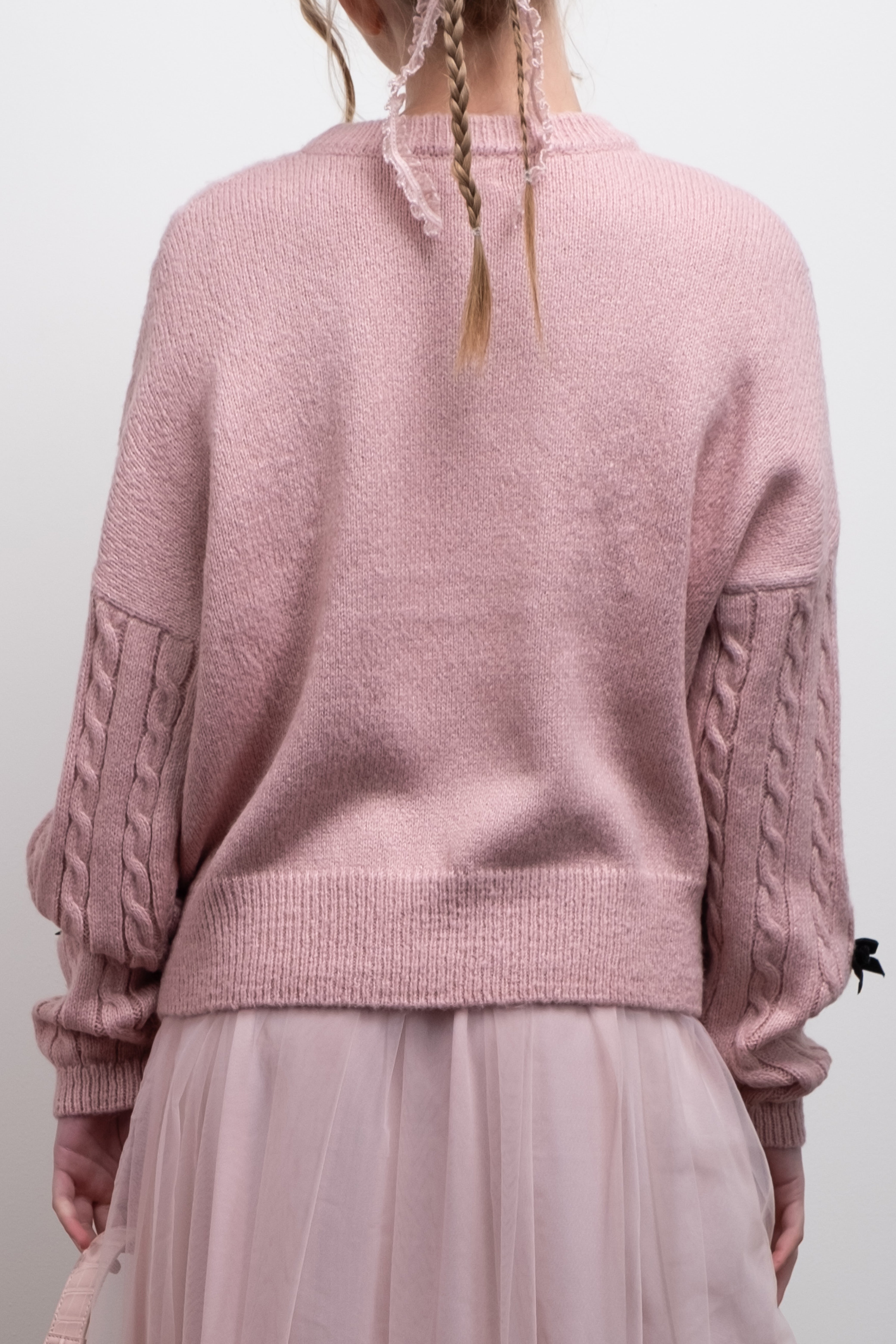 BOW DETAIL CABLE KNIT PULLOVER SWEATER