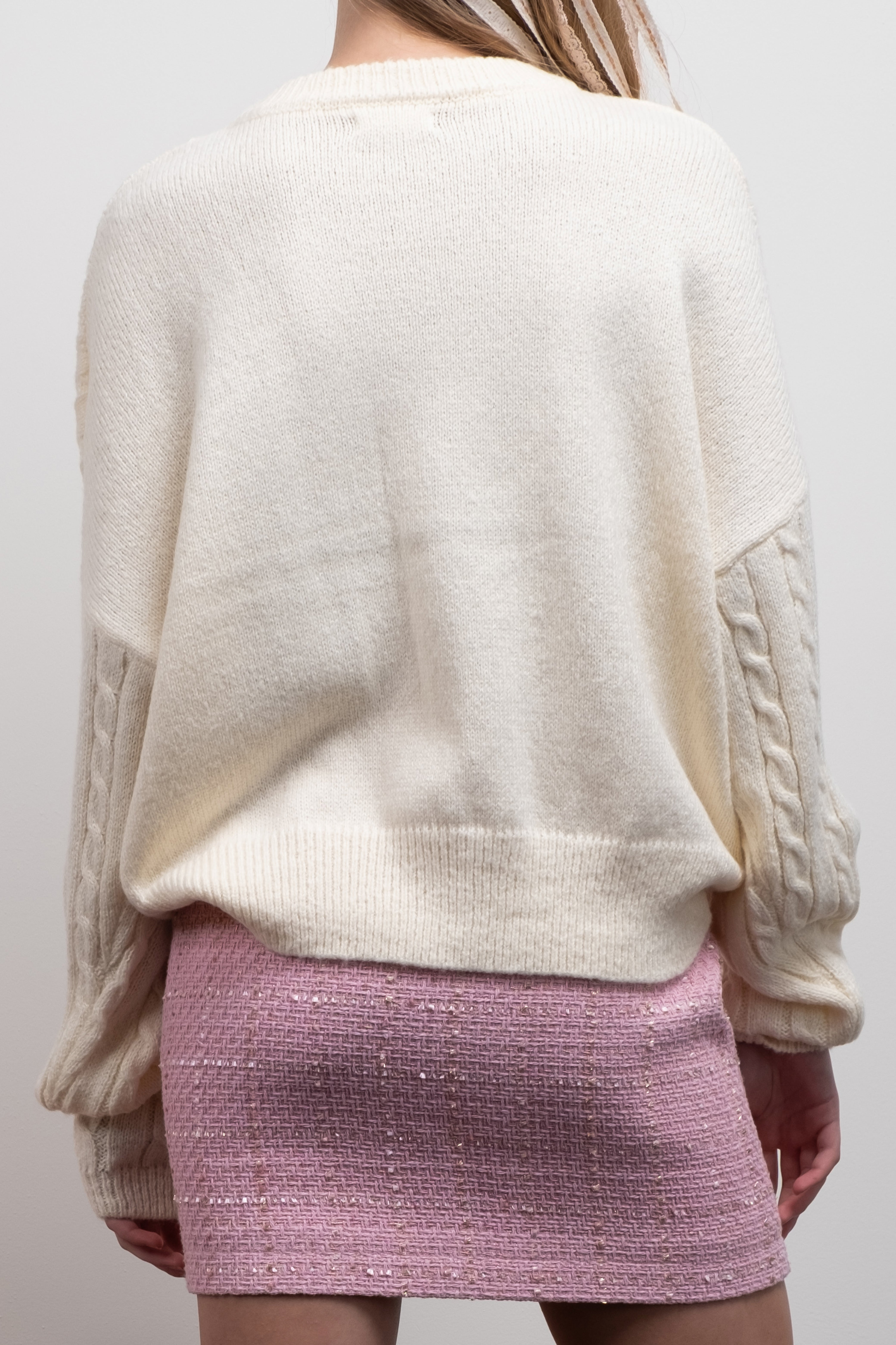 BOW DETAIL CABLE KNIT PULLOVER SWEATER