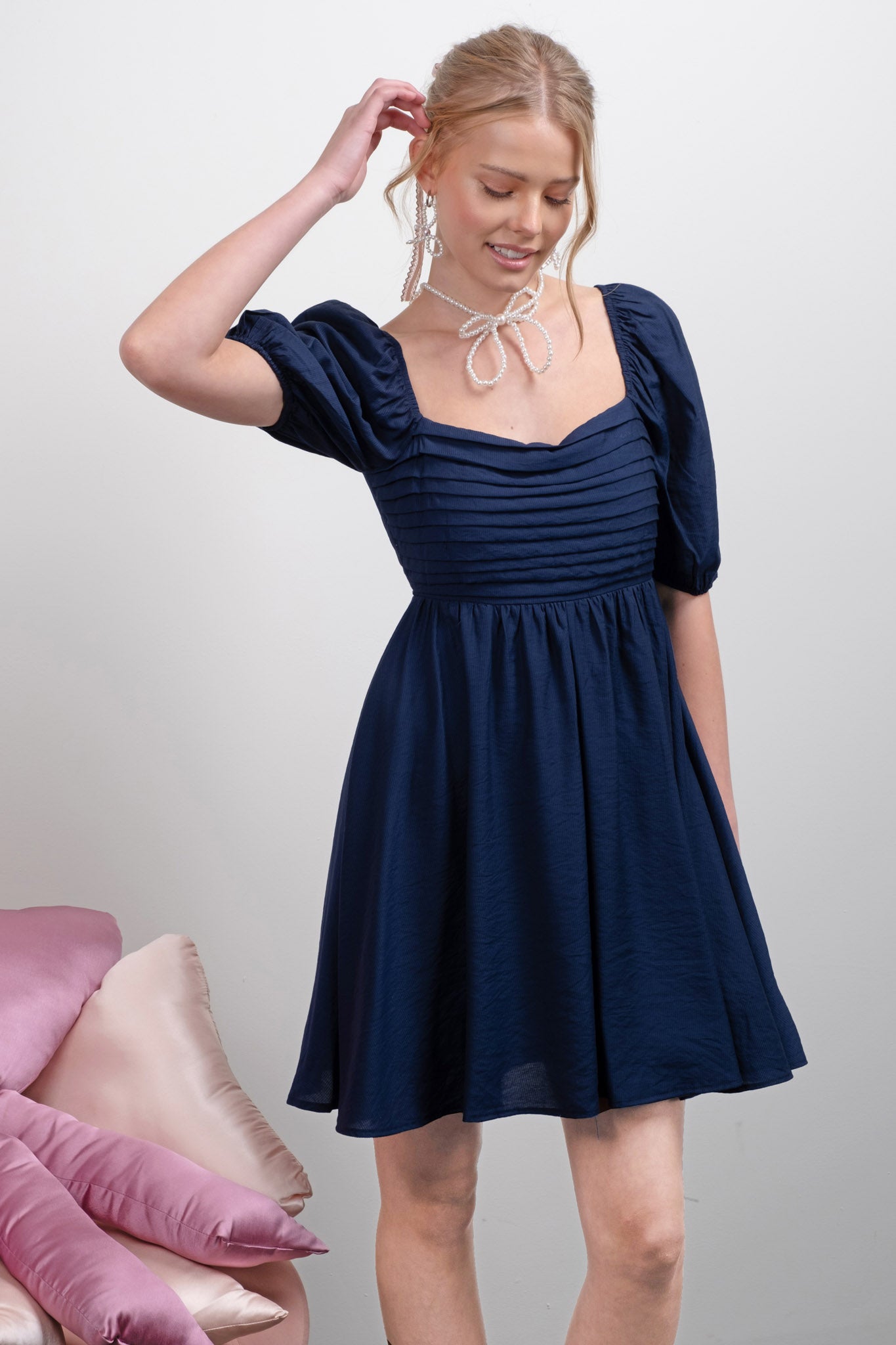 PLEATED DETAIL PUFF SLEEVE MINI DRESS (PRE-ORDER)