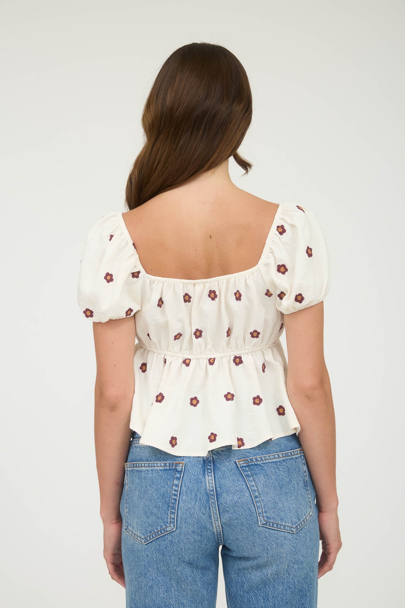 EMBROIDERED DAISY PUFF SLEEVE PLEATED BLOUSE (PRE-ORDER)