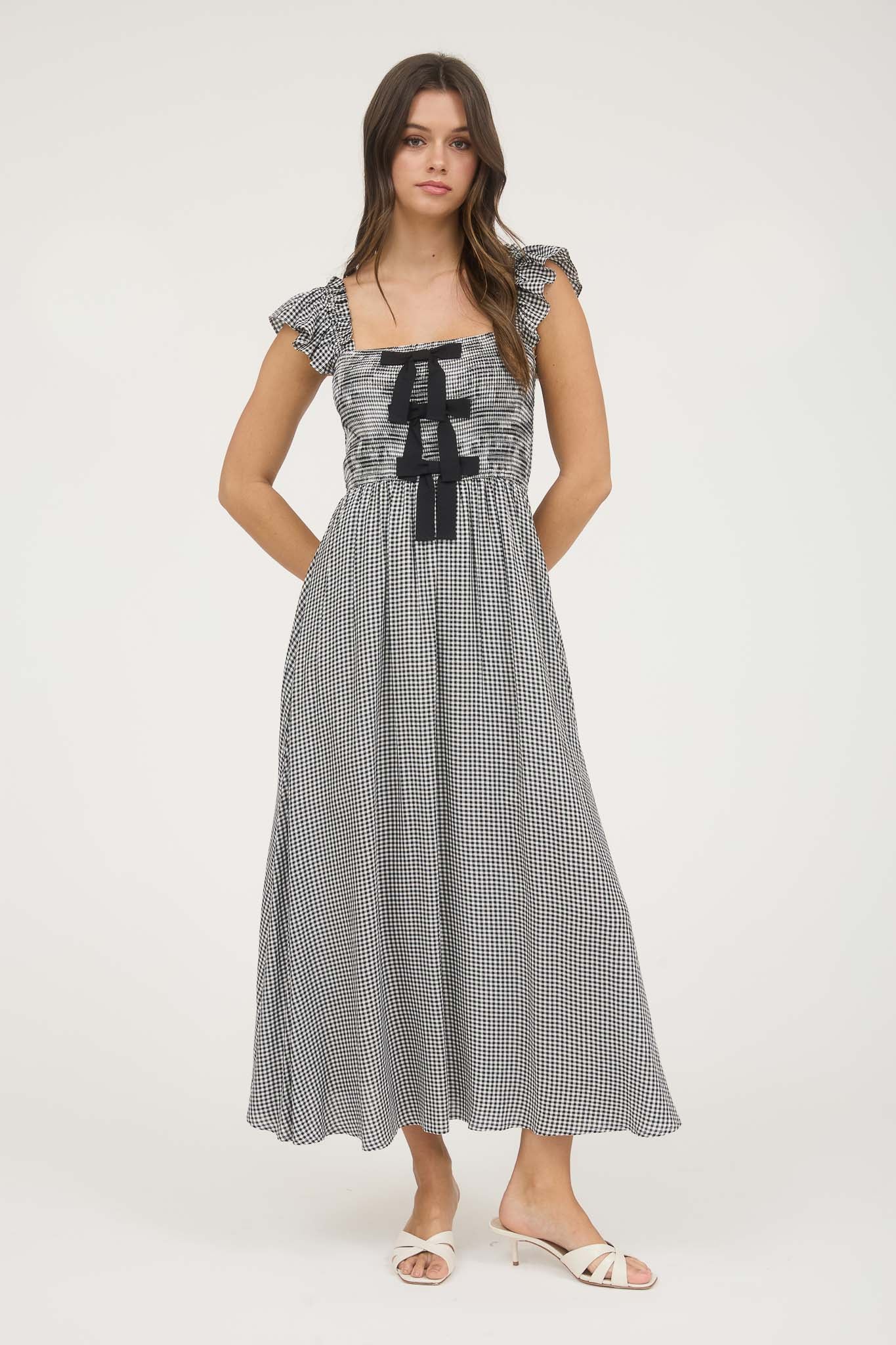 PLAID SMOCKED FRONT BOW DETAIL MIDI DRESS