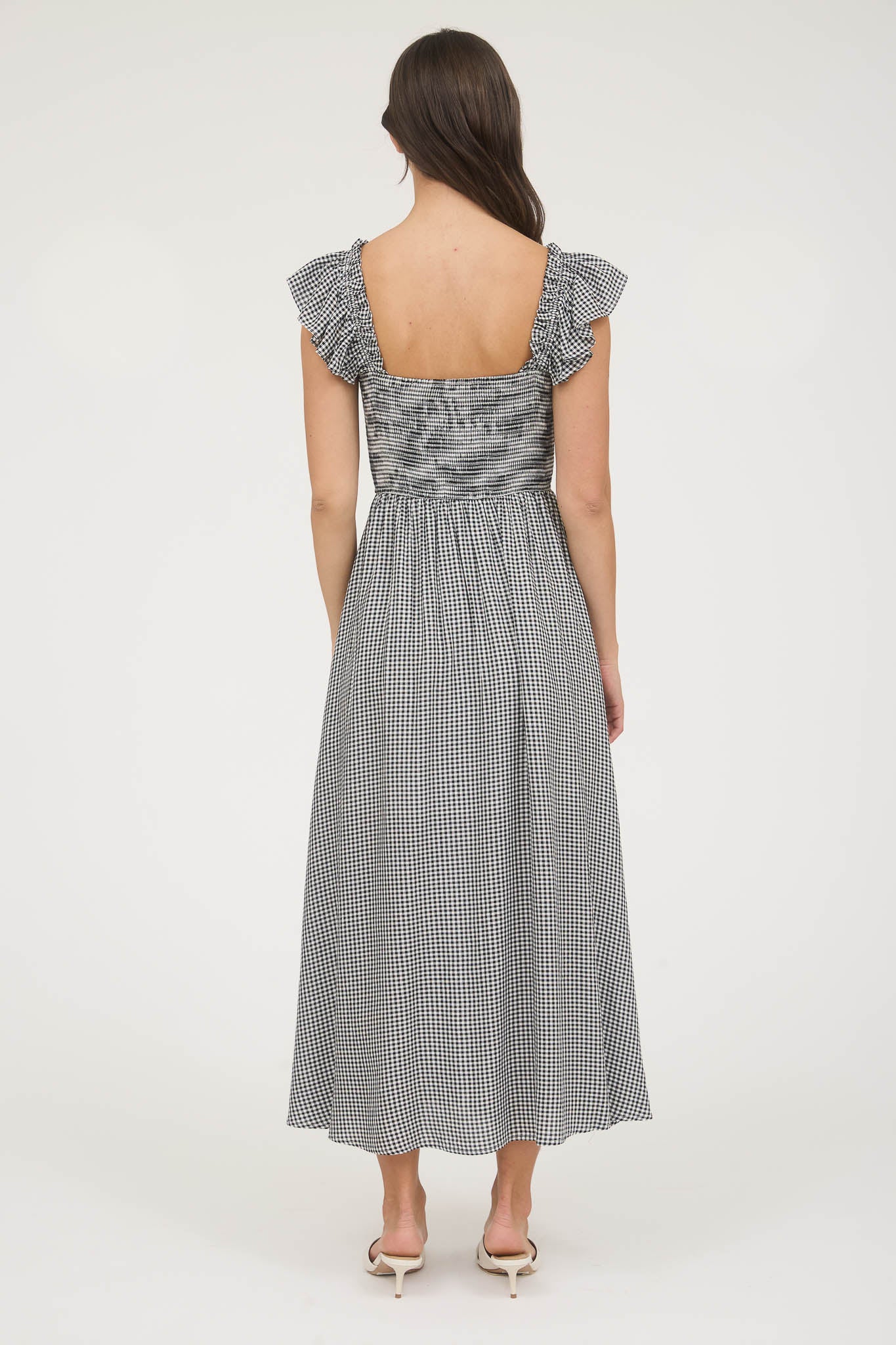 PLAID SMOCKED FRONT BOW DETAIL MIDI DRESS