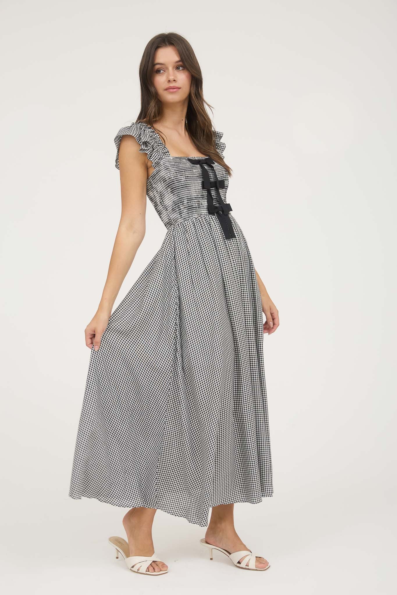 PLAID SMOCKED FRONT BOW DETAIL MIDI DRESS