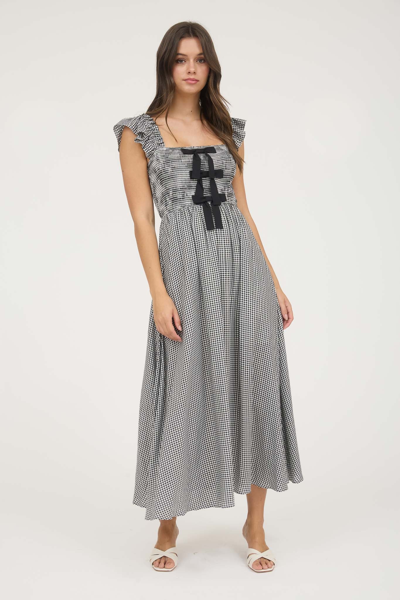 PLAID SMOCKED FRONT BOW DETAIL MIDI DRESS