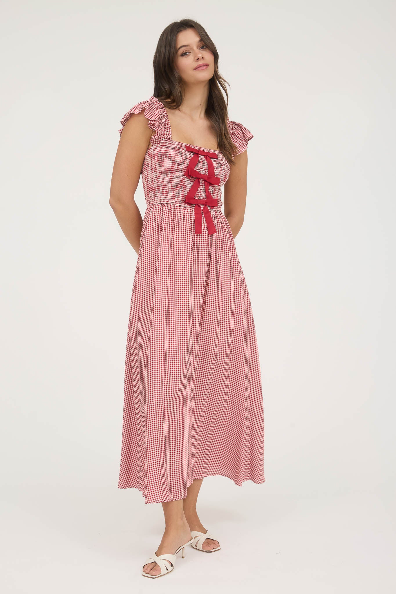 PLAID SMOCKED FRONT BOW DETAIL MIDI DRESS