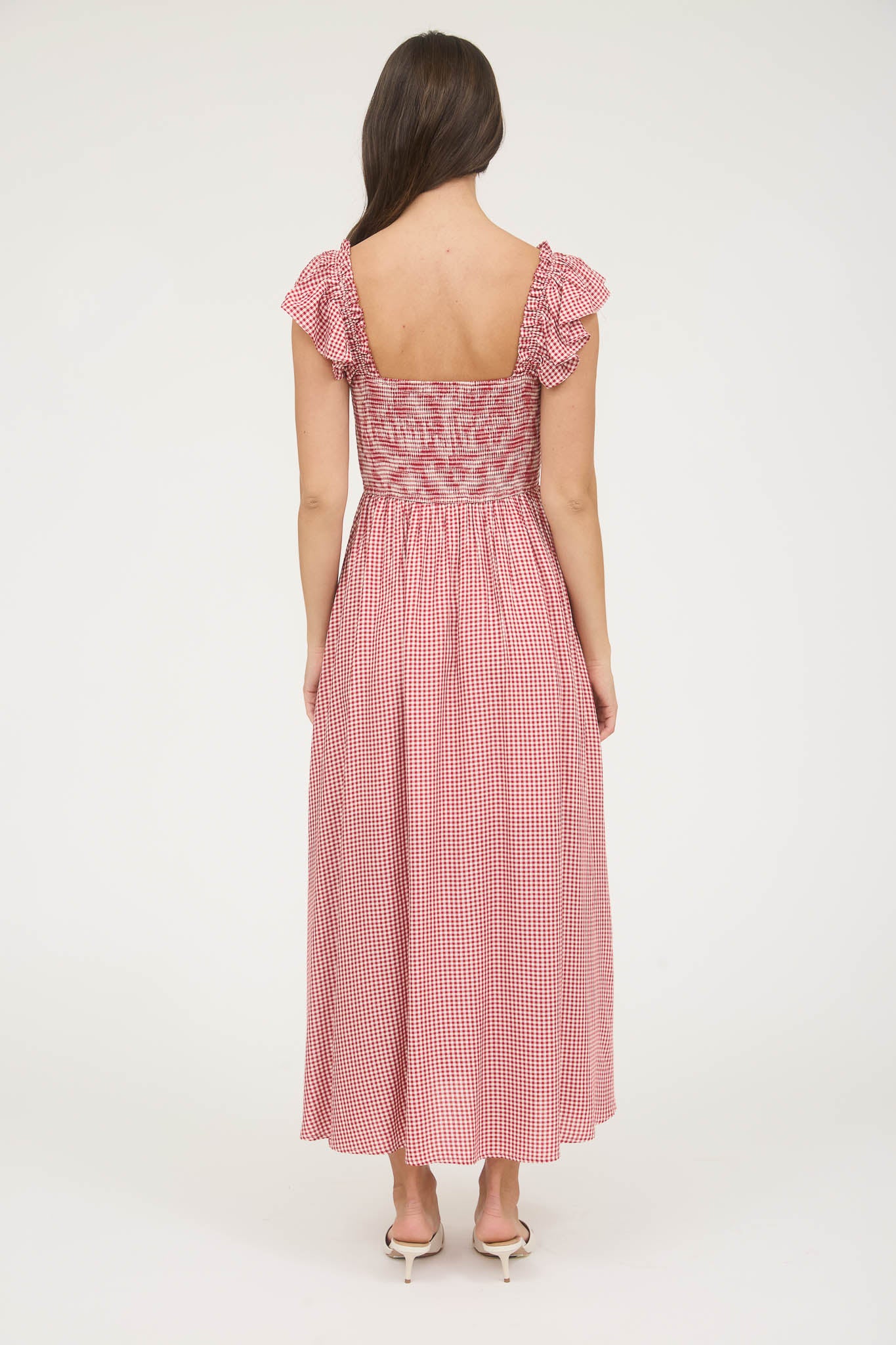 PLAID SMOCKED FRONT BOW DETAIL MIDI DRESS