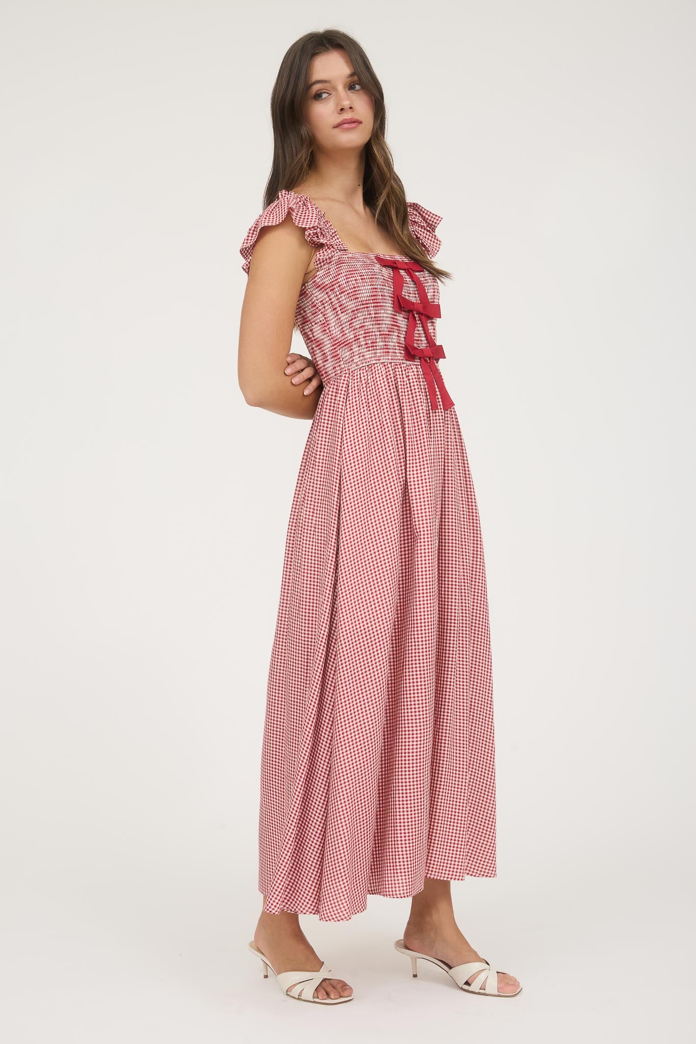 PLAID SMOCKED FRONT BOW DETAIL MIDI DRESS