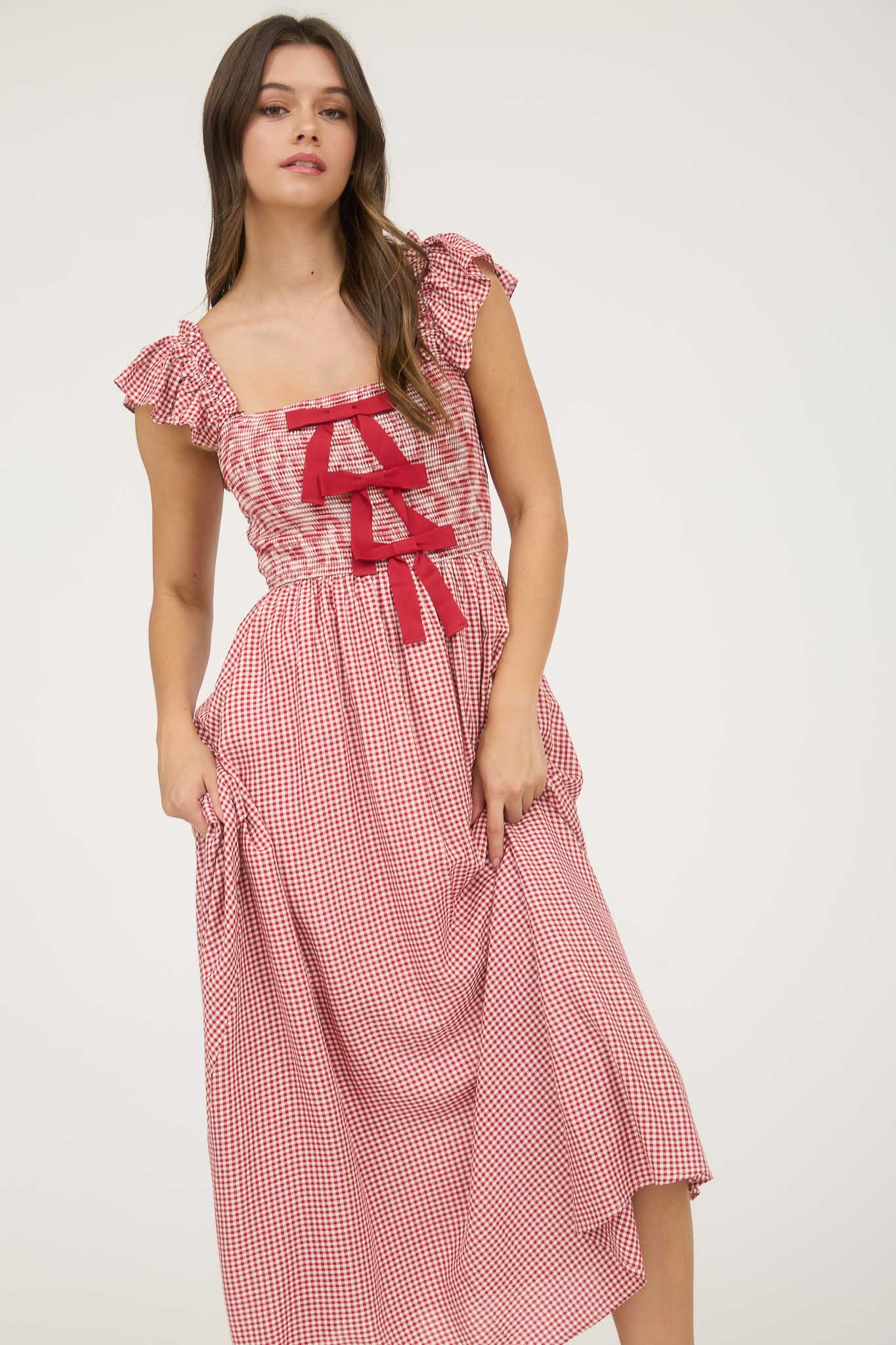 PLAID SMOCKED FRONT BOW DETAIL MIDI DRESS