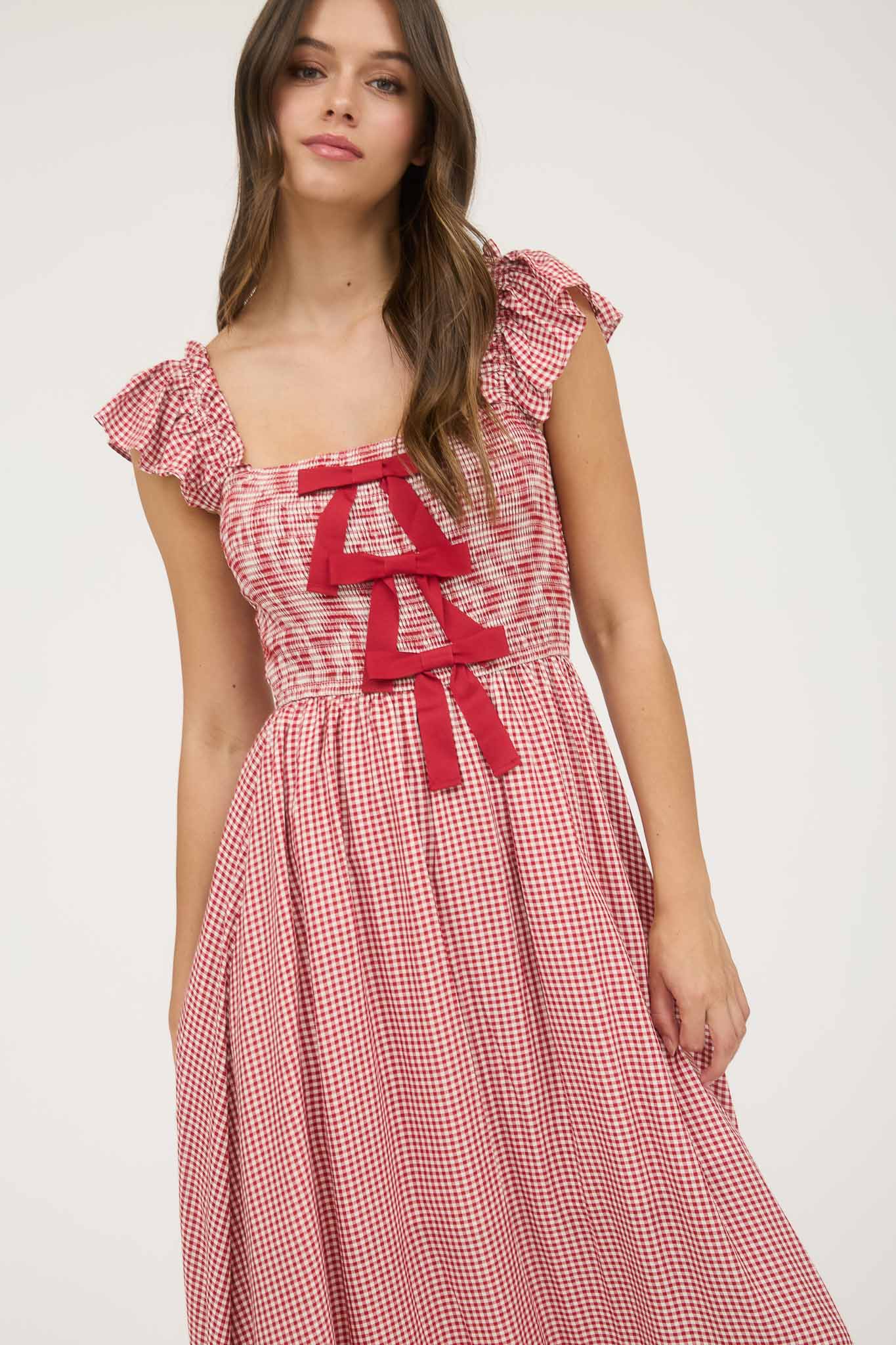 PLAID SMOCKED FRONT BOW DETAIL MIDI DRESS