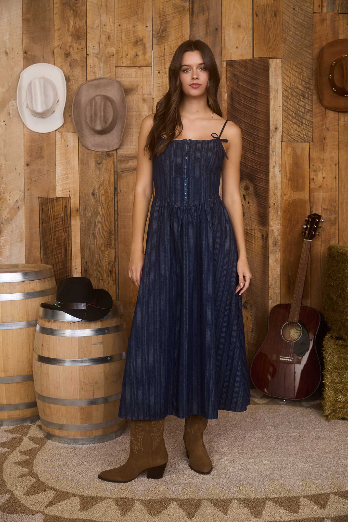 STRIPE FRONT HOOK CORSET DENIM MIDI DRESS (PRE-ORDER)