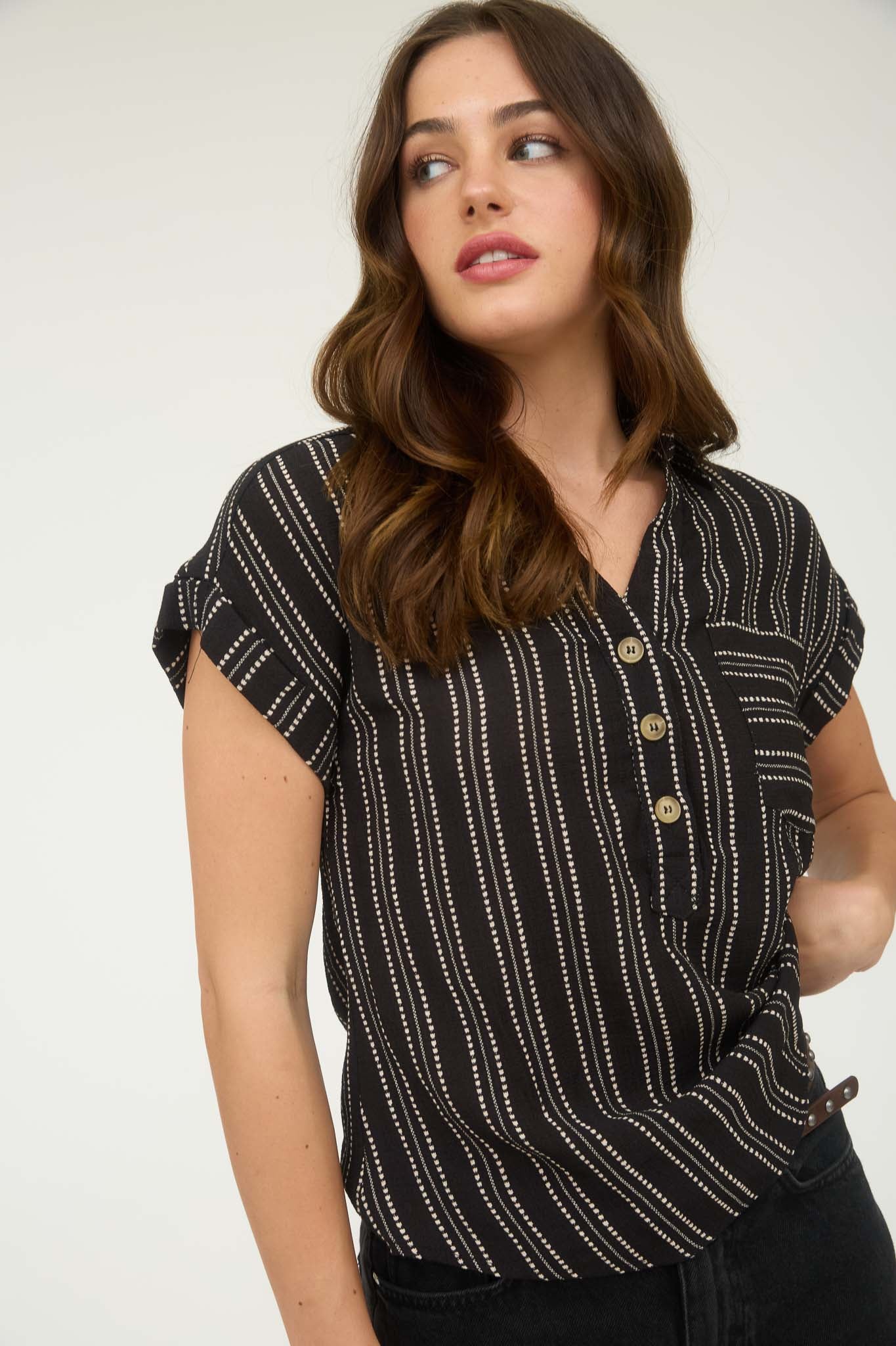 STRIPE HALF BUTTON COLLARED SHORT SLEEVE SHIRT (PRE-ORDER)