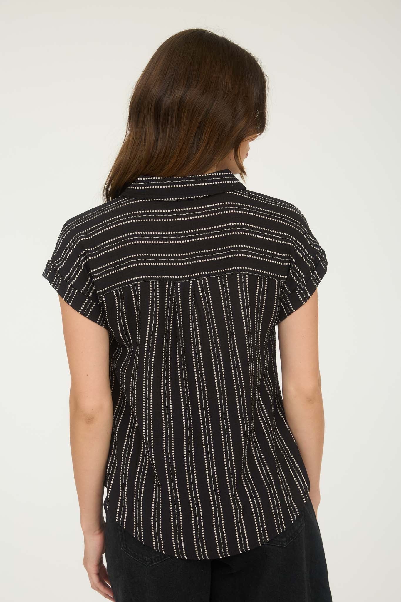 STRIPE HALF BUTTON COLLARED SHORT SLEEVE SHIRT (PRE-ORDER)