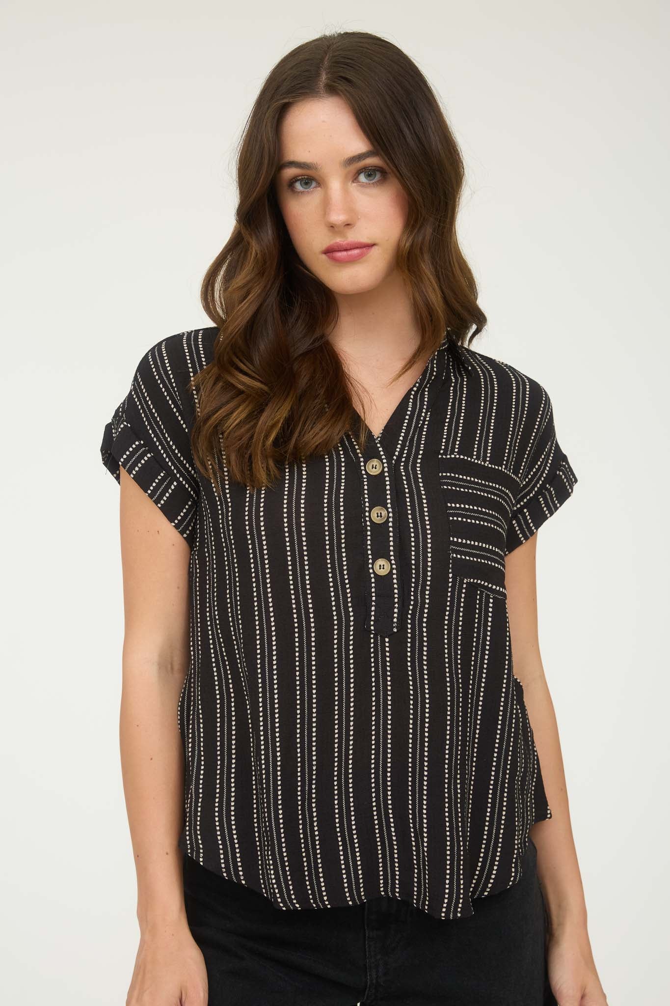 STRIPE HALF BUTTON COLLARED SHORT SLEEVE SHIRT (PRE-ORDER)