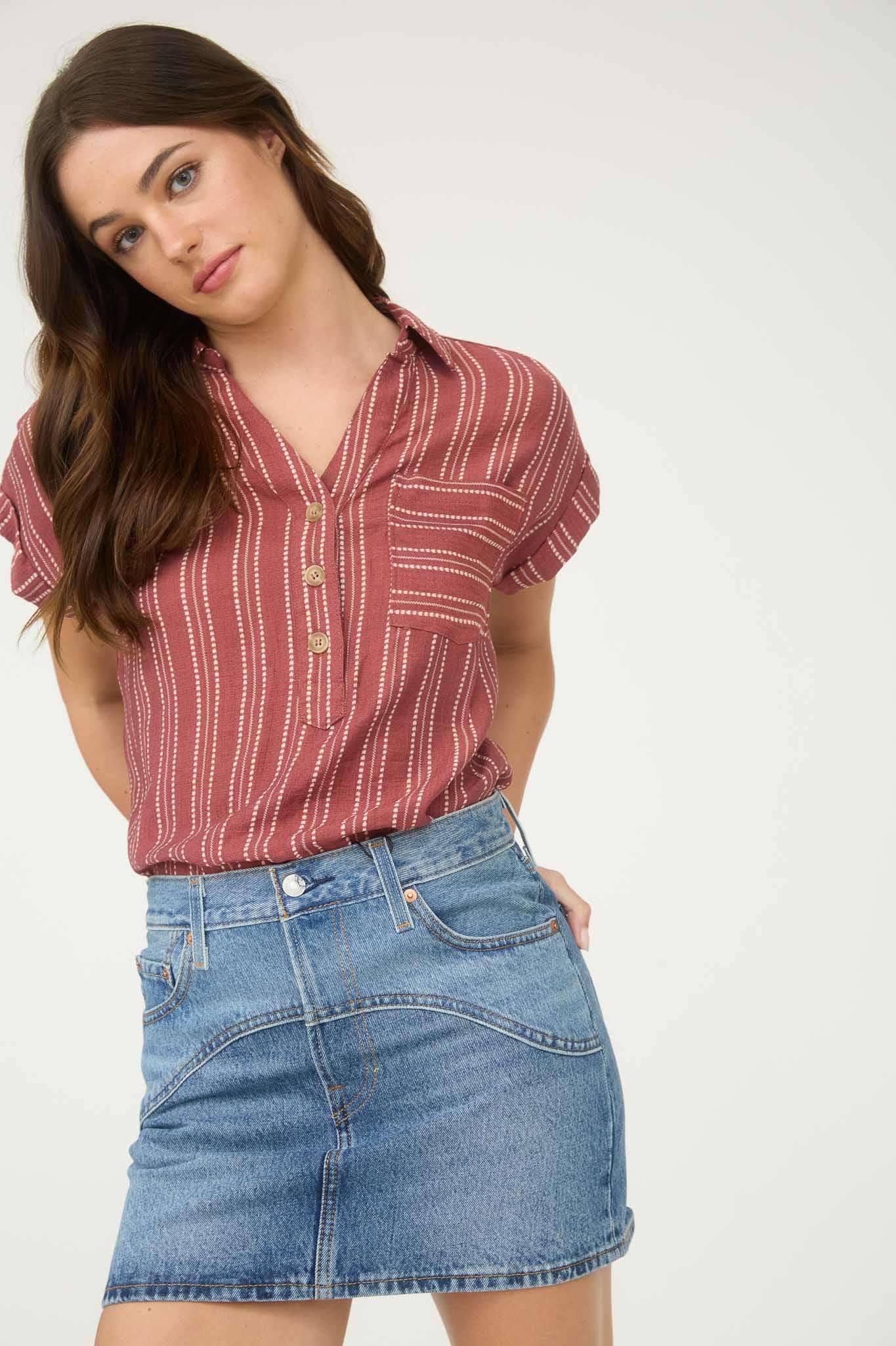 STRIPE HALF BUTTON COLLARED SHORT SLEEVE SHIRT (PRE-ORDER)