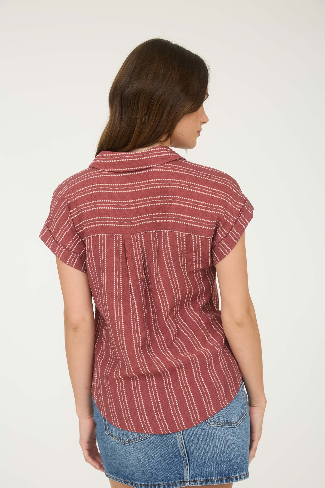 STRIPE HALF BUTTON COLLARED SHORT SLEEVE SHIRT (PRE-ORDER)