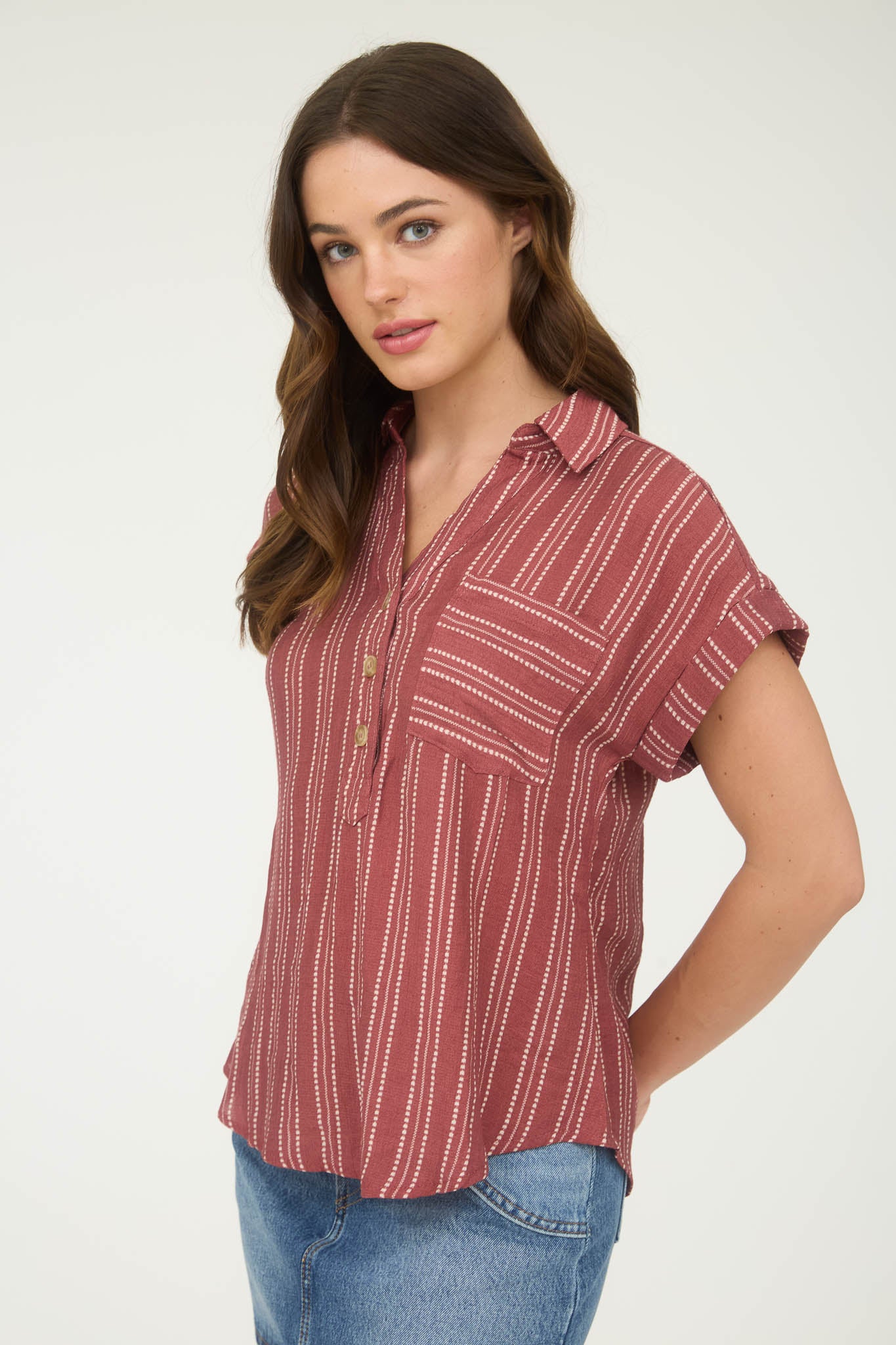 STRIPE HALF BUTTON COLLARED SHORT SLEEVE SHIRT (PRE-ORDER)