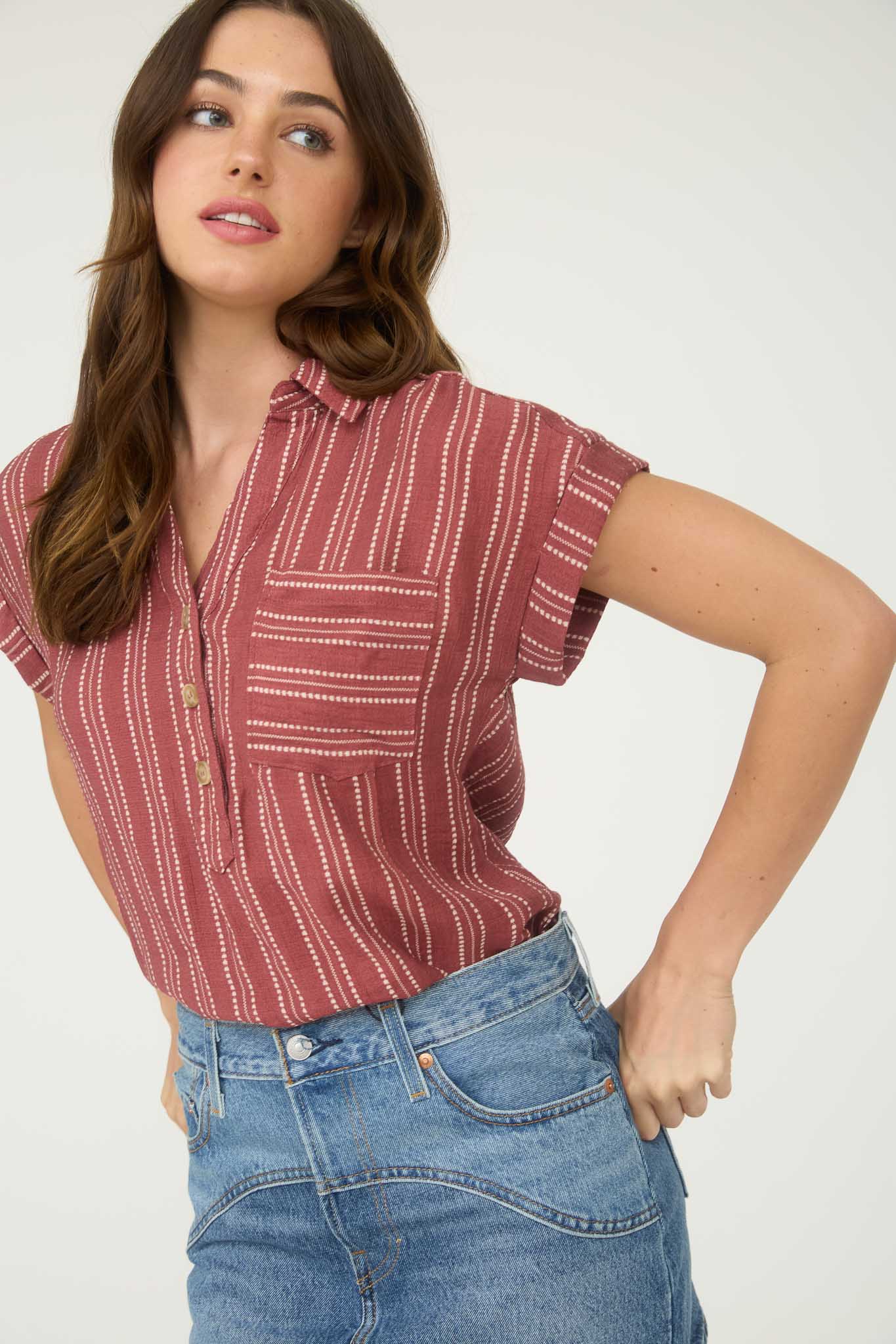 STRIPE HALF BUTTON COLLARED SHORT SLEEVE SHIRT (PRE-ORDER)