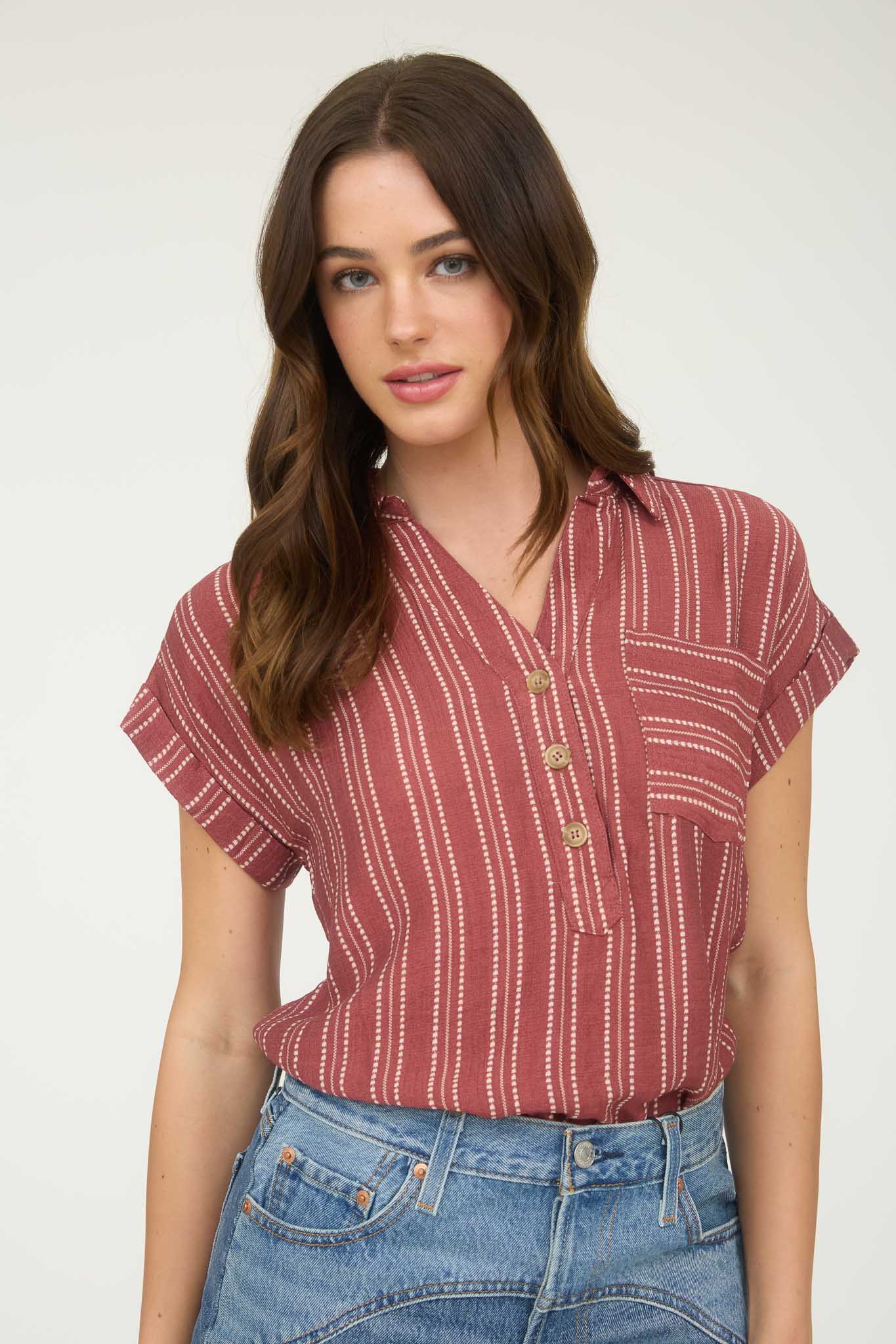 STRIPE HALF BUTTON COLLARED SHORT SLEEVE SHIRT (PRE-ORDER)