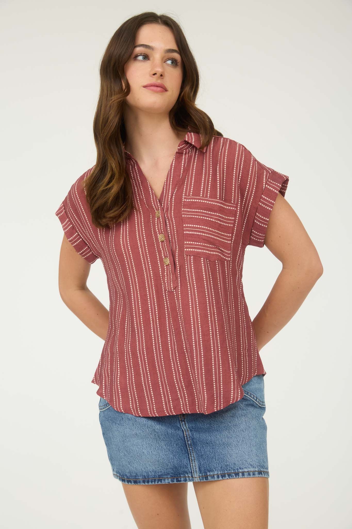 STRIPE HALF BUTTON COLLARED SHORT SLEEVE SHIRT (PRE-ORDER)