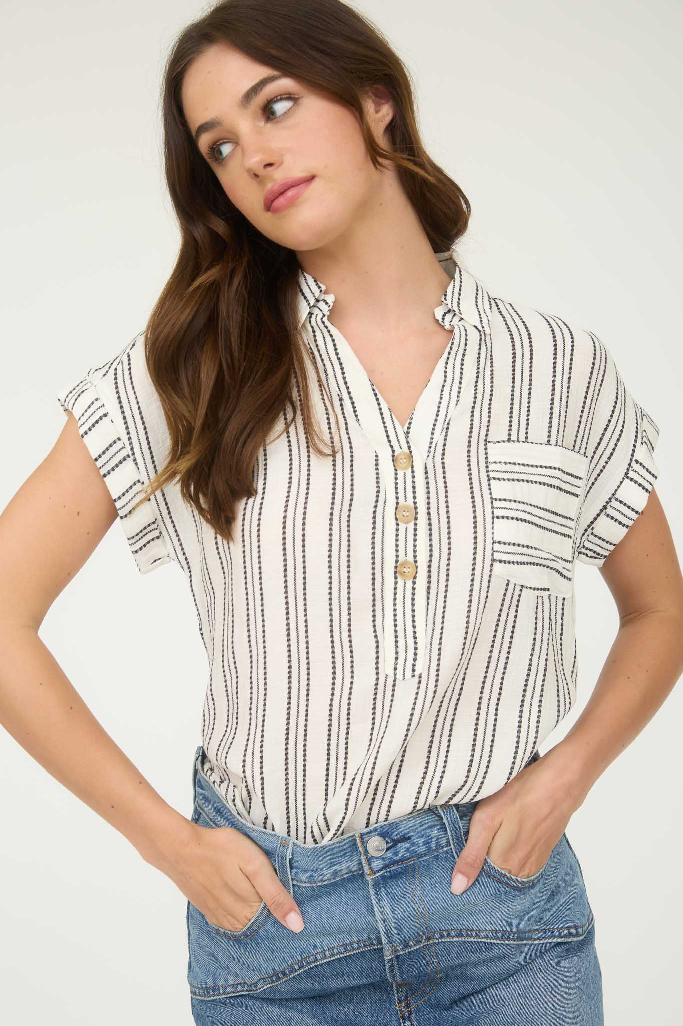 STRIPE HALF BUTTON COLLARED SHORT SLEEVE SHIRT (PRE-ORDER)