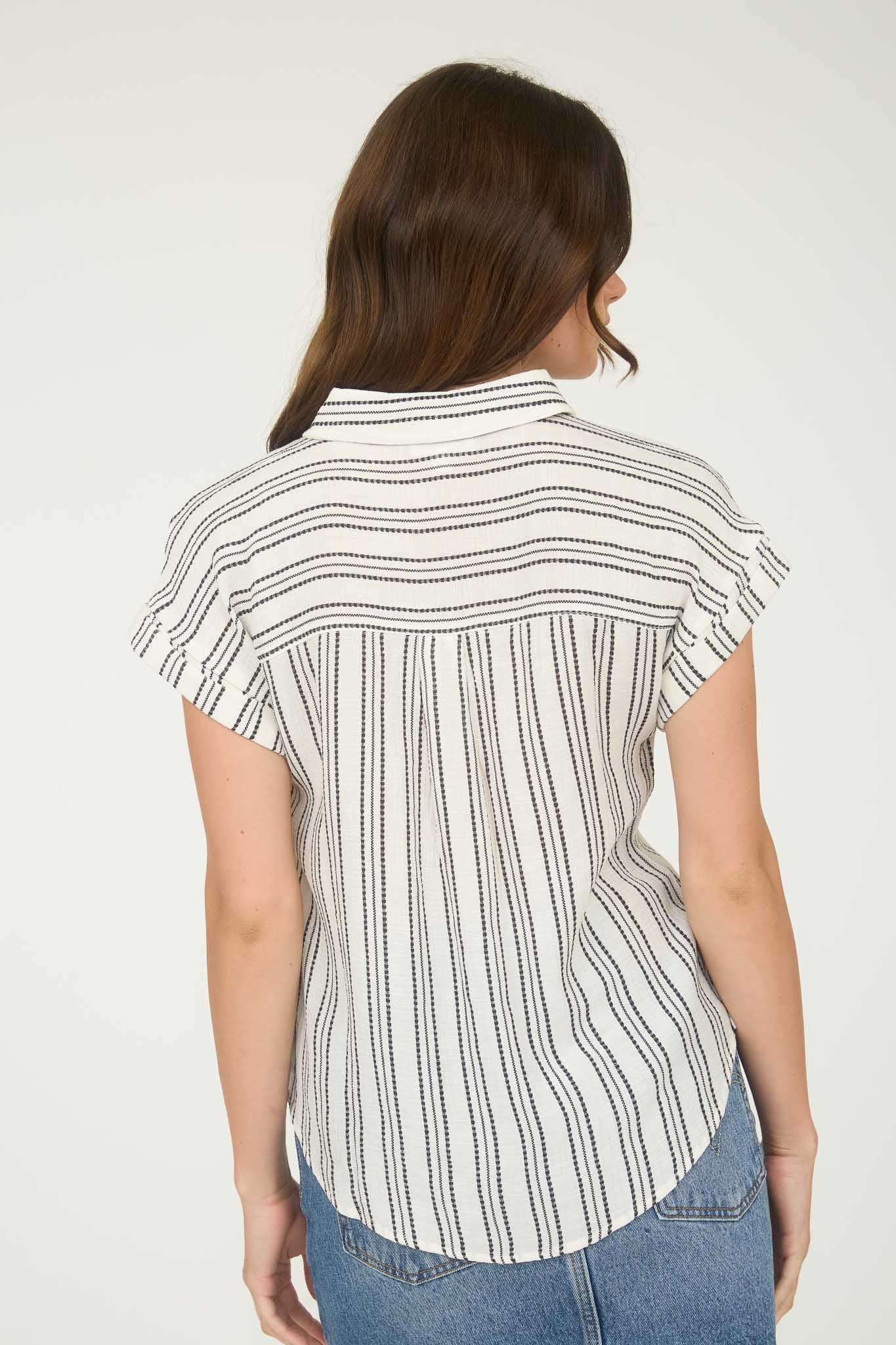 STRIPE HALF BUTTON COLLARED SHORT SLEEVE SHIRT (PRE-ORDER)