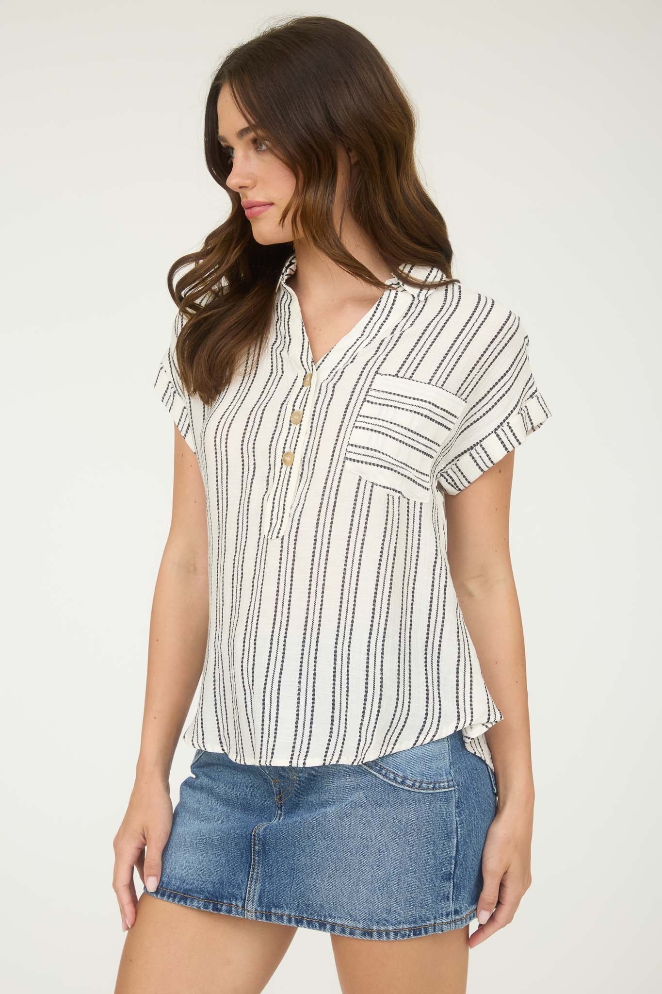 STRIPE HALF BUTTON COLLARED SHORT SLEEVE SHIRT (PRE-ORDER)