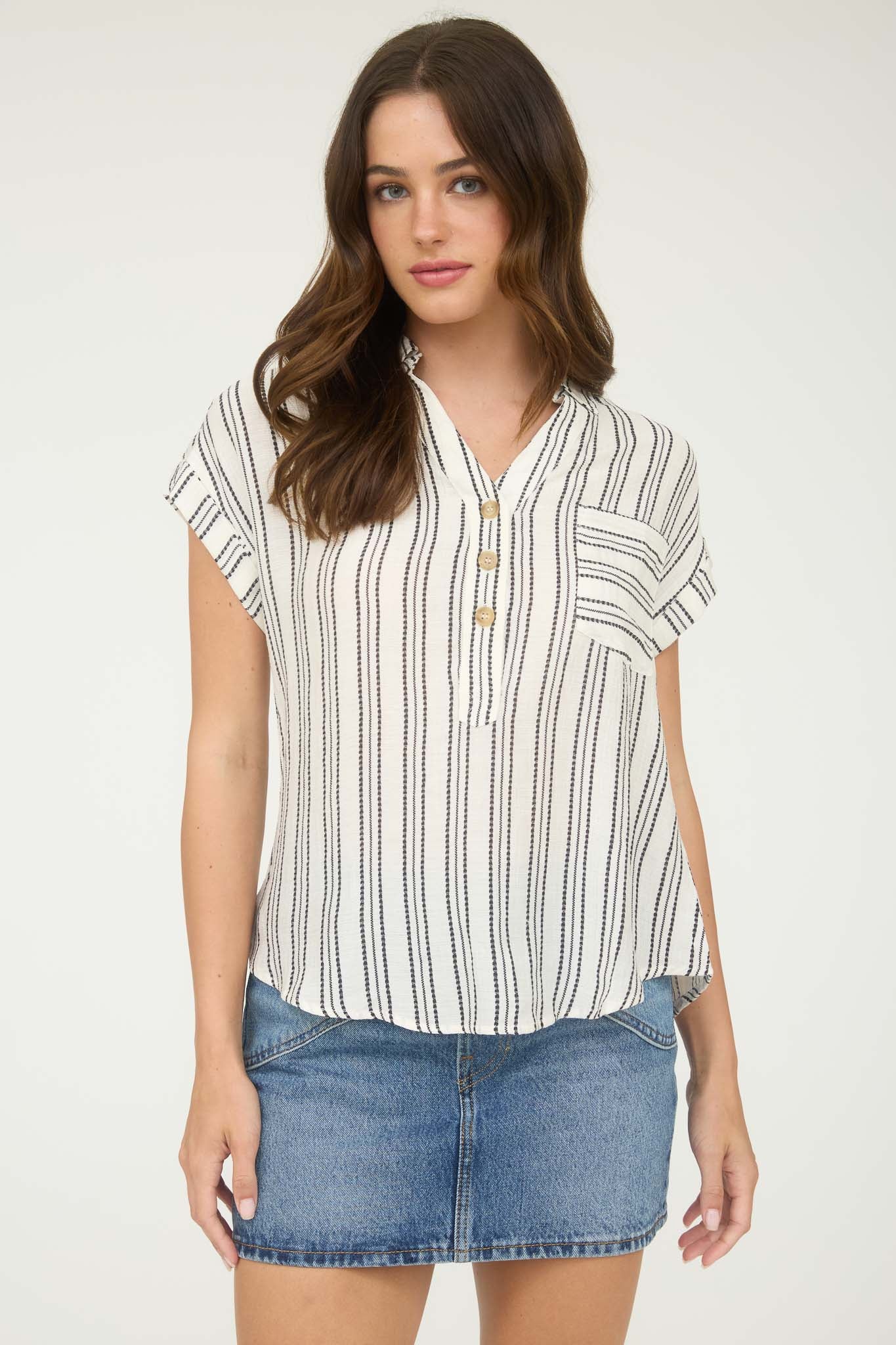 STRIPE HALF BUTTON COLLARED SHORT SLEEVE SHIRT (PRE-ORDER)