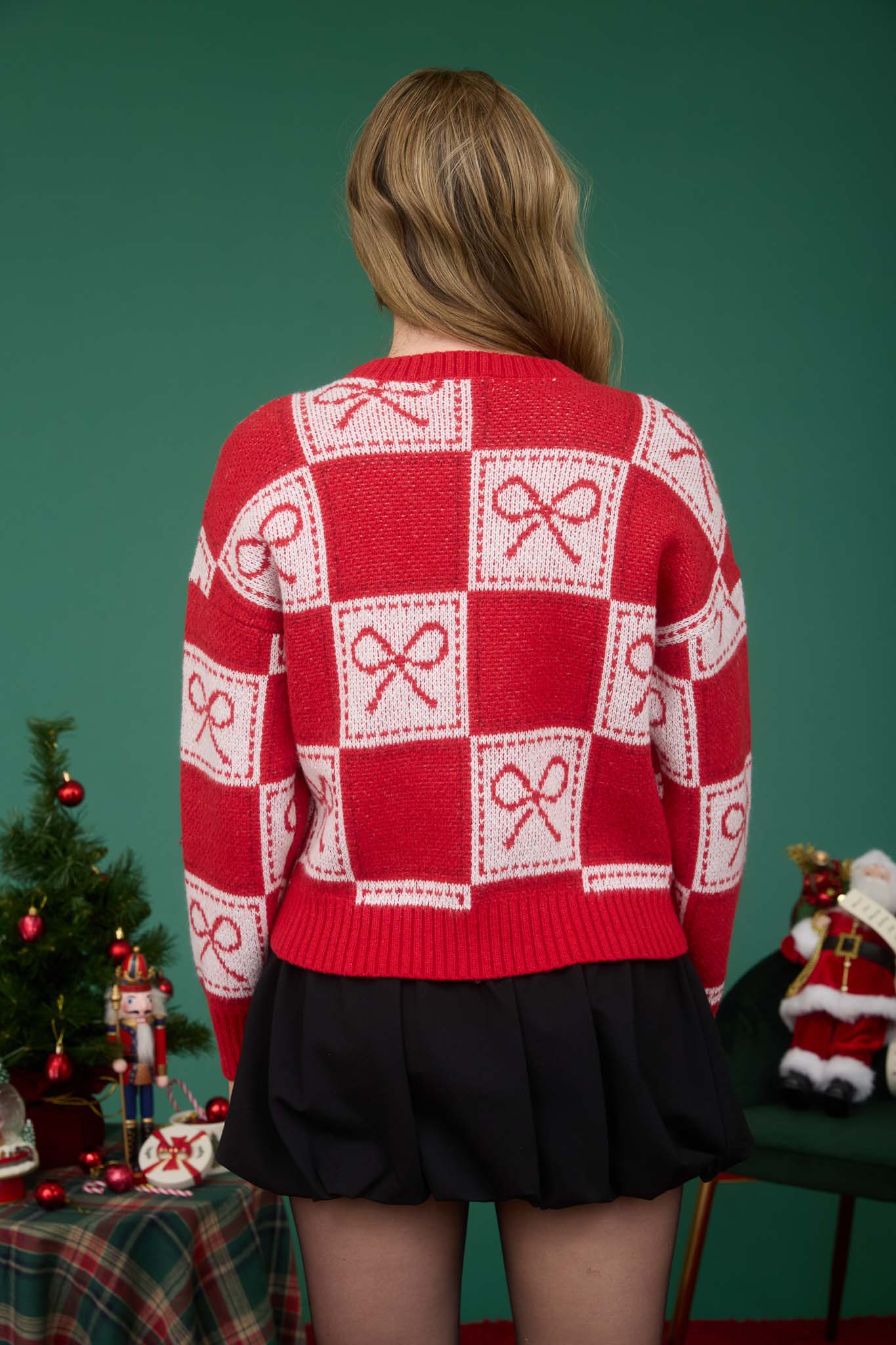 CHECKERED BOW JACQUARD CREWNECK KNIT SWEATER