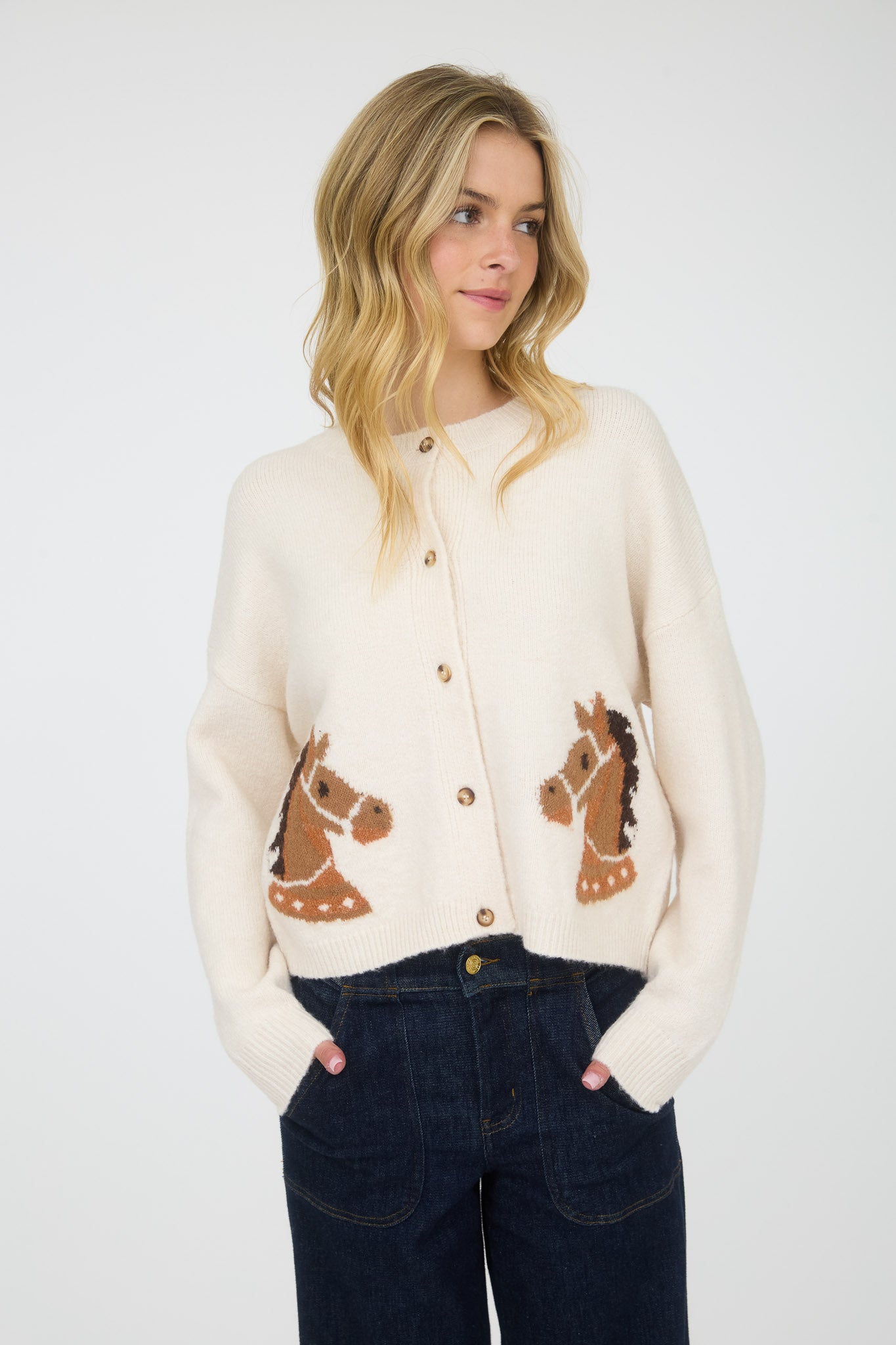 HORSE JACQUARD LONG SLEEVE BUTTON DOWN CARDIGAN