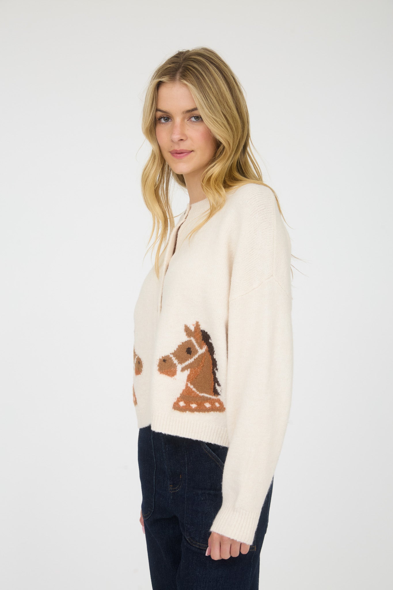 HORSE JACQUARD LONG SLEEVE BUTTON DOWN CARDIGAN