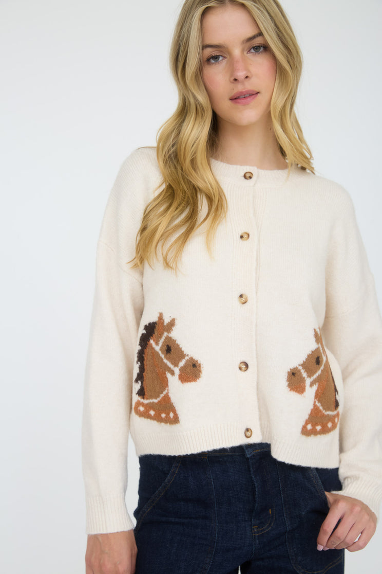 HORSE JACQUARD LONG SLEEVE BUTTON DOWN CARDIGAN