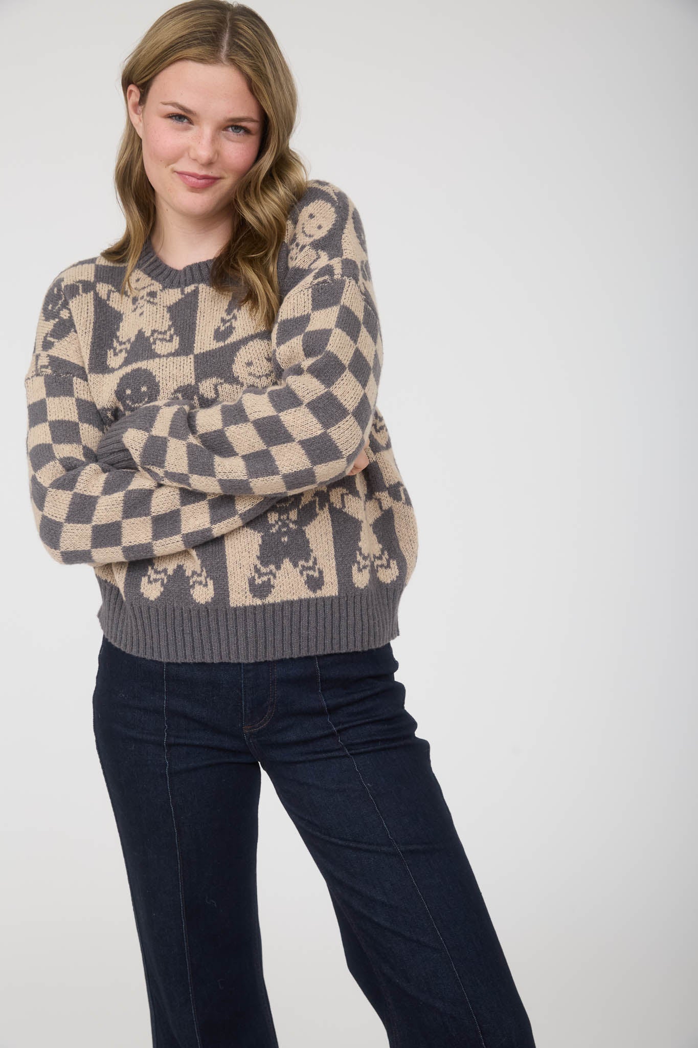 CHECKERED GINGERBREAD JACQUARD KNIT SWEATER