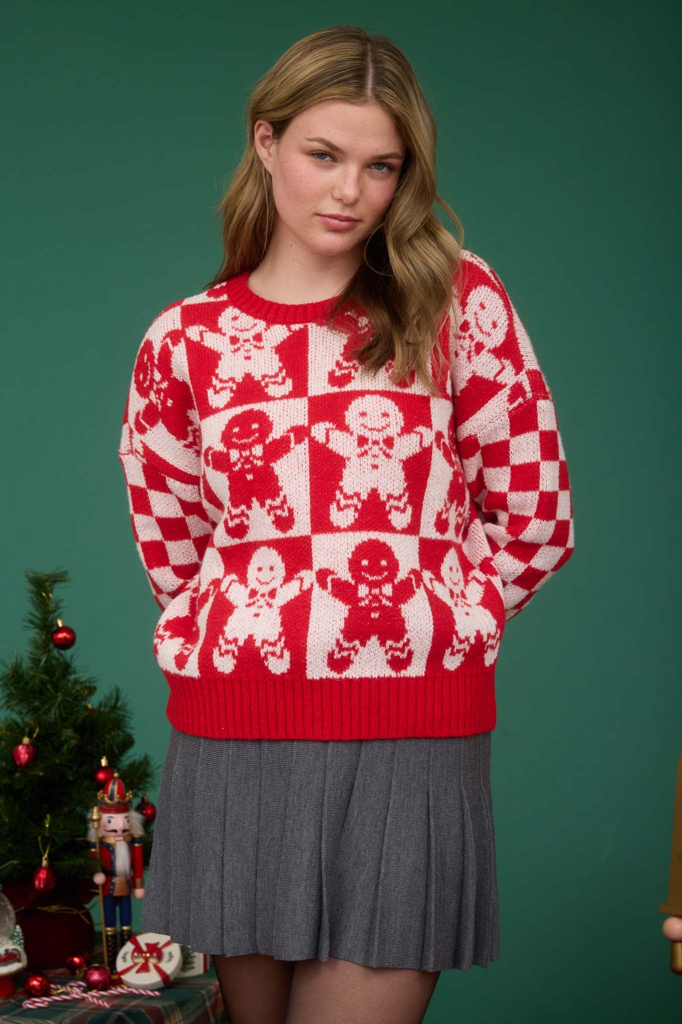 CHECKERED GINGERBREAD JACQUARD KNIT SWEATER