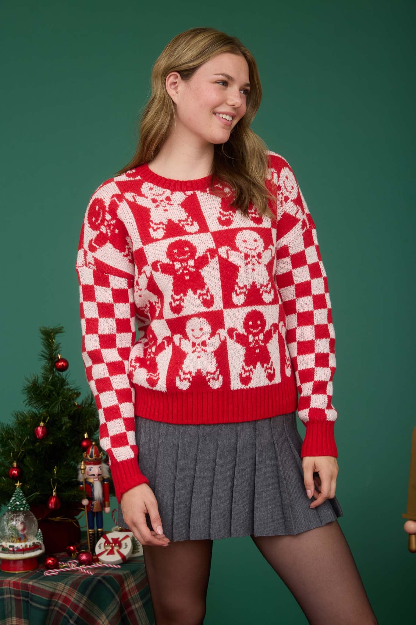 CHECKERED GINGERBREAD JACQUARD KNIT SWEATER