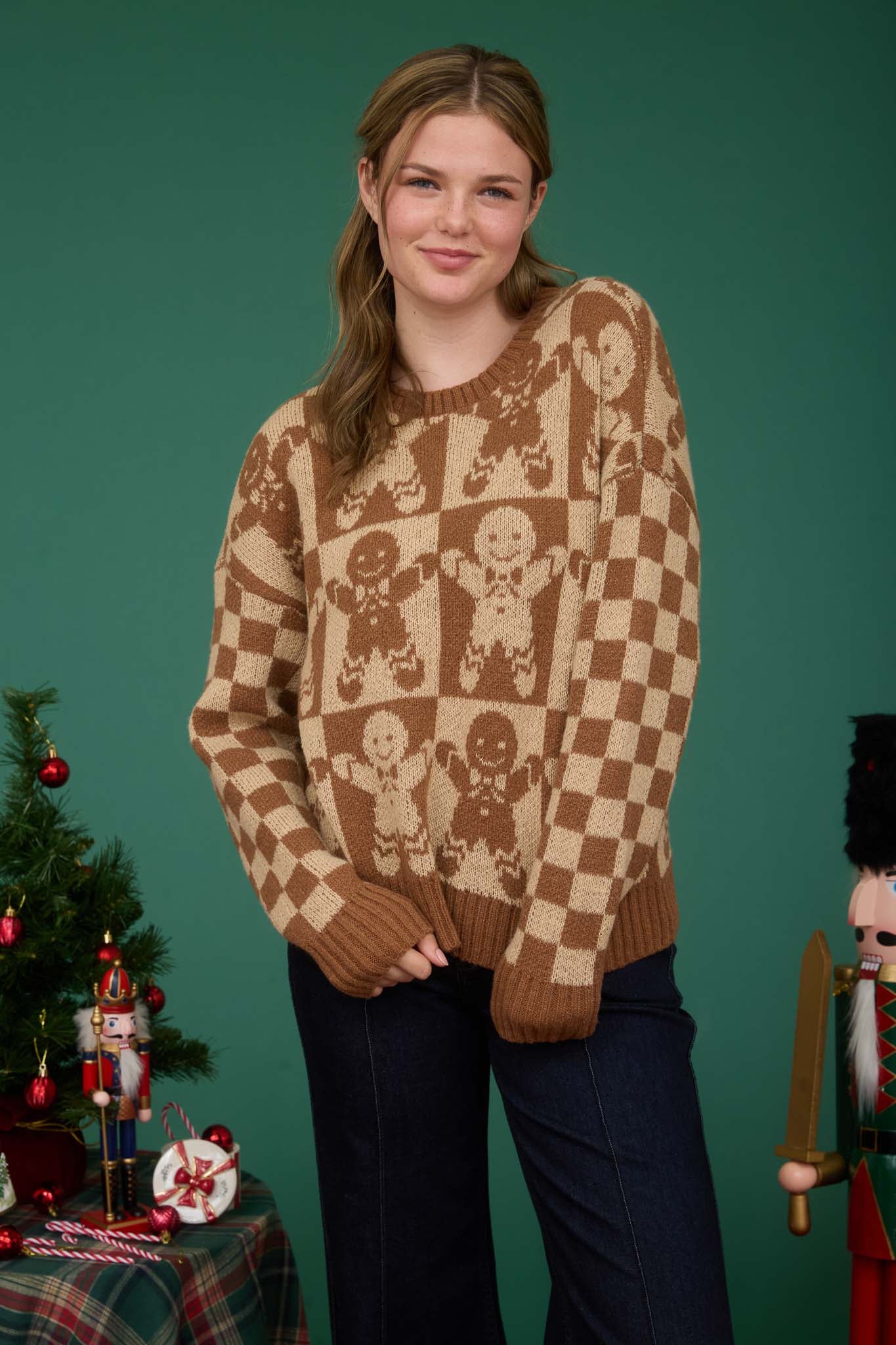 CHECKERED GINGERBREAD JACQUARD KNIT SWEATER