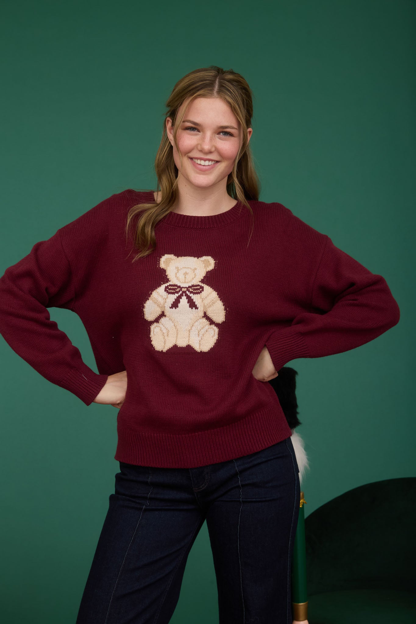 TEDDY JACQUARD CREW NECK KNIT PULLOVER SWEATER
