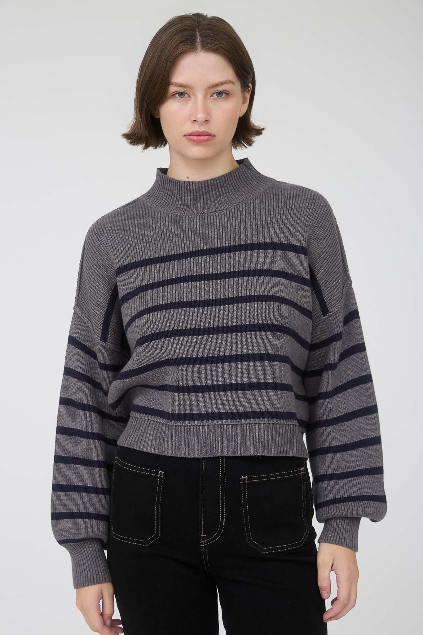 STRIPE MOCK NECK DROP SHOULDER KNIT SWEATER