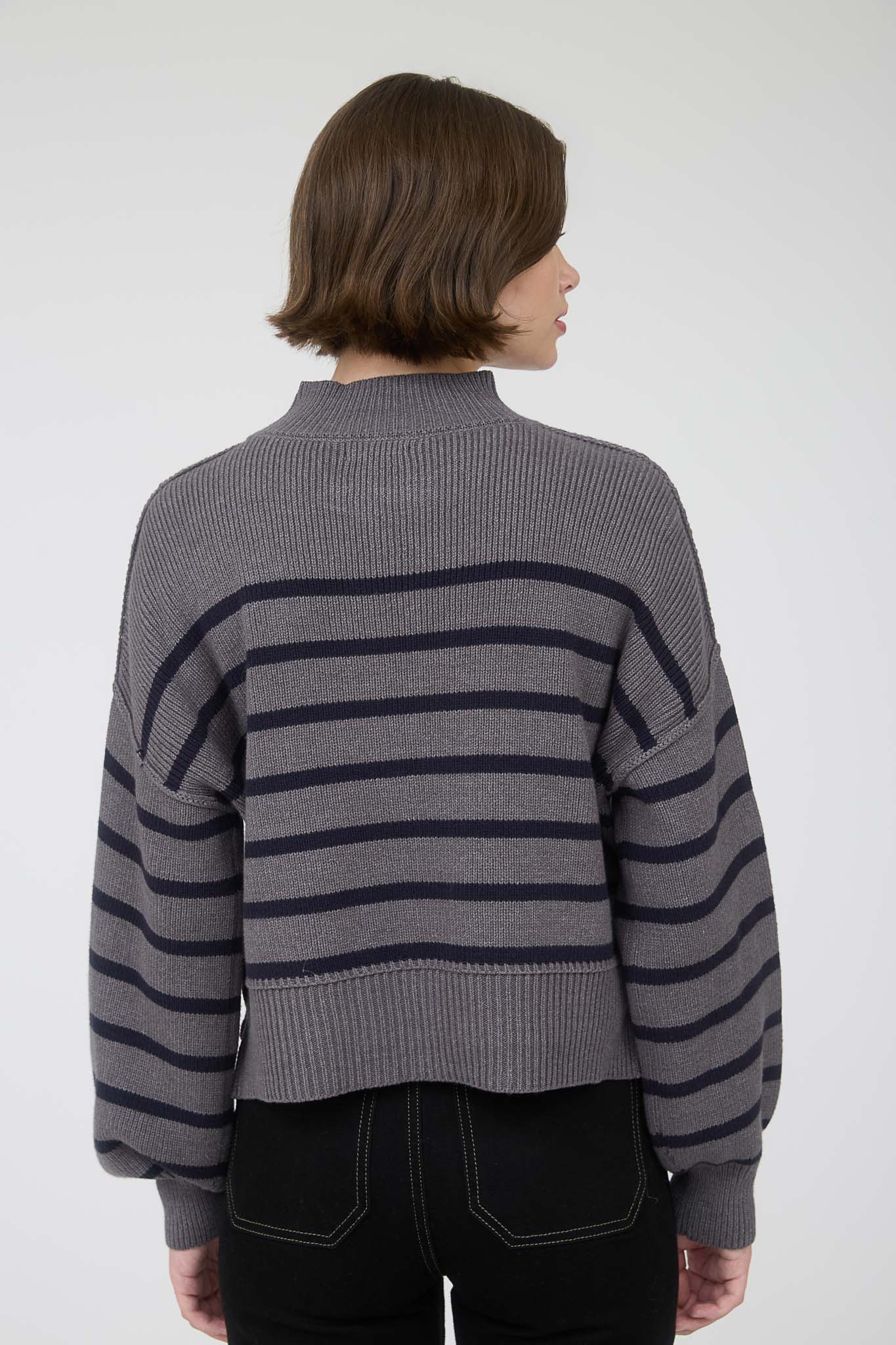 STRIPE MOCK NECK DROP SHOULDER KNIT SWEATER