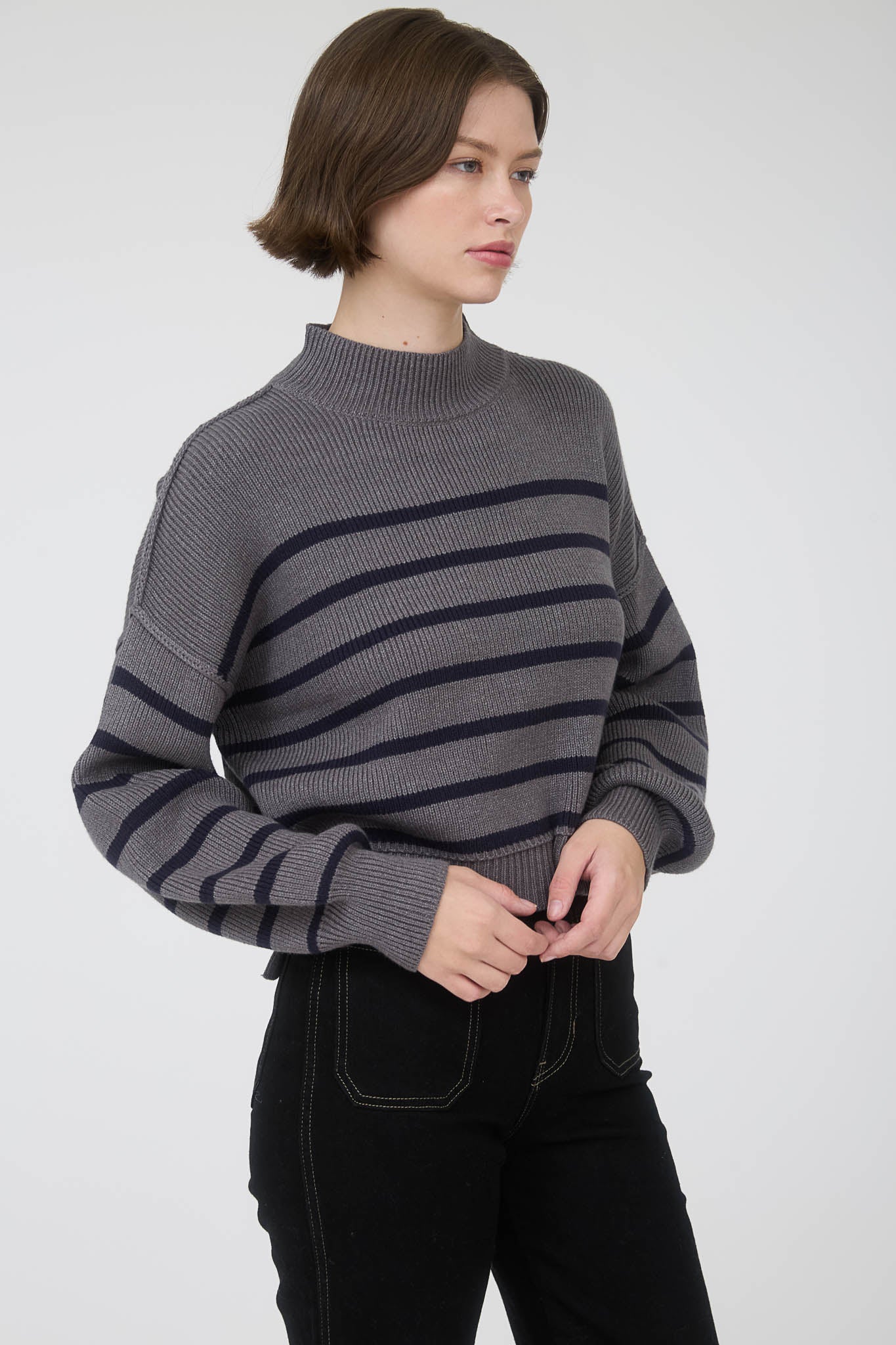 STRIPE MOCK NECK DROP SHOULDER KNIT SWEATER