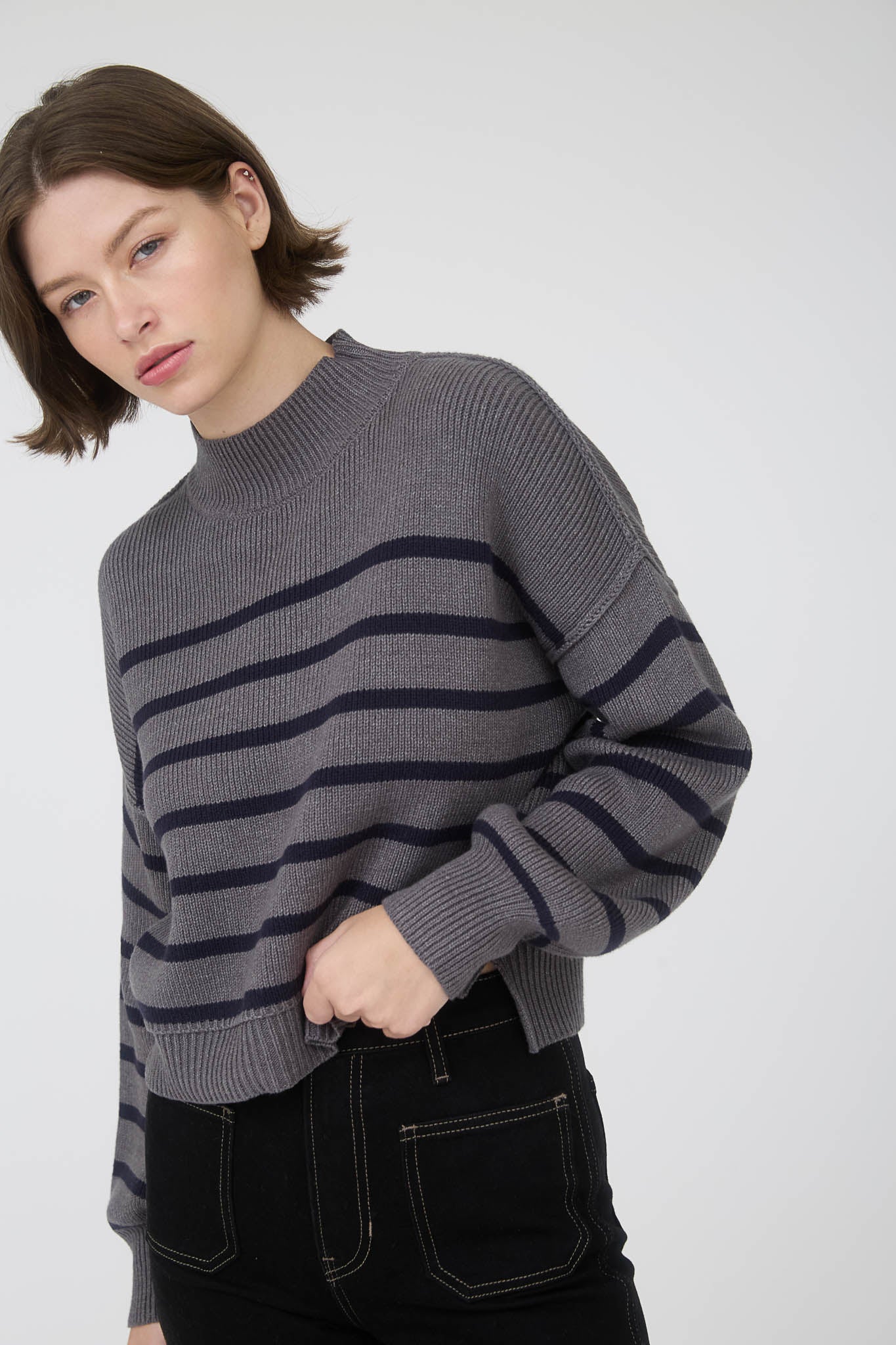 STRIPE MOCK NECK DROP SHOULDER KNIT SWEATER