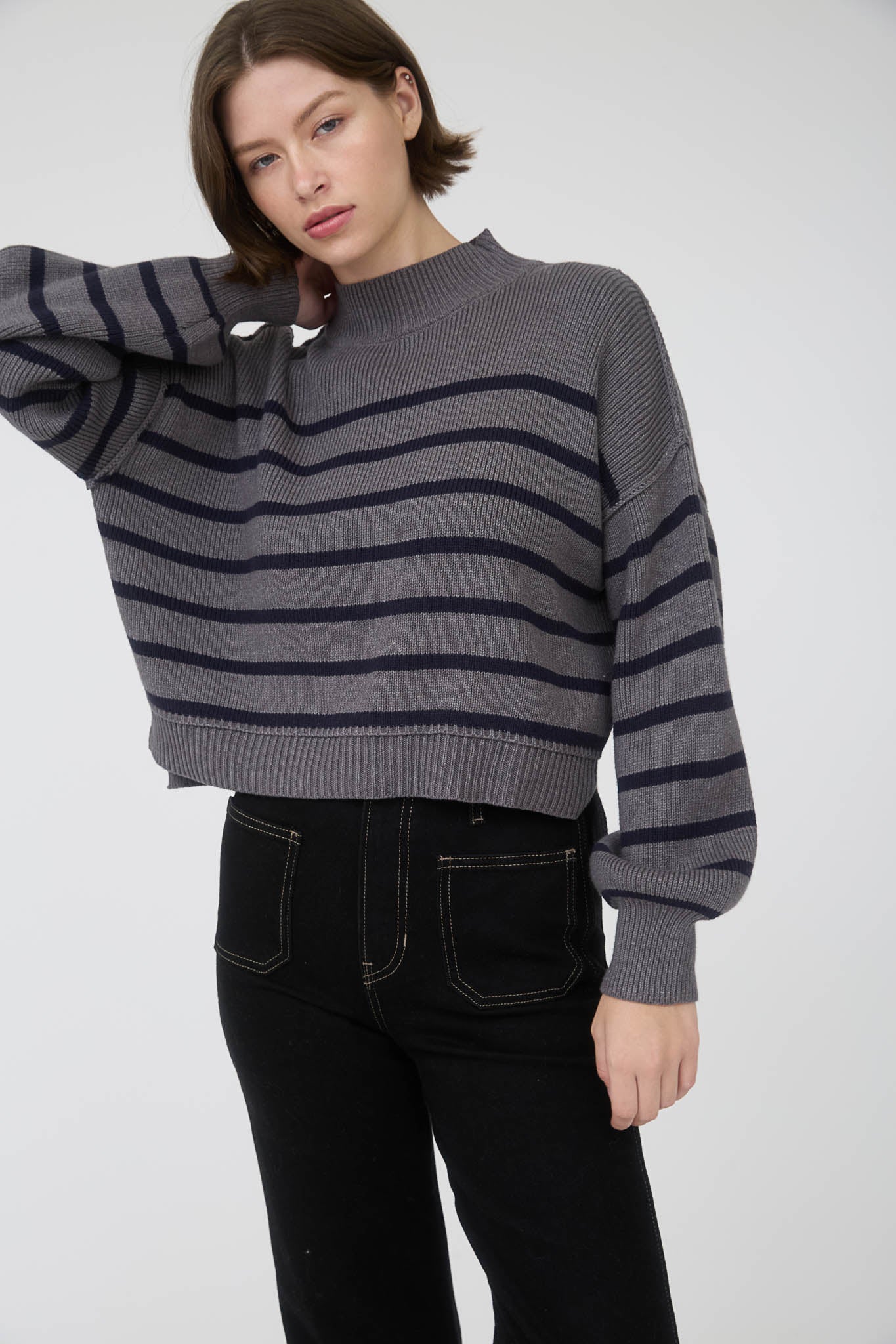 STRIPE MOCK NECK DROP SHOULDER KNIT SWEATER