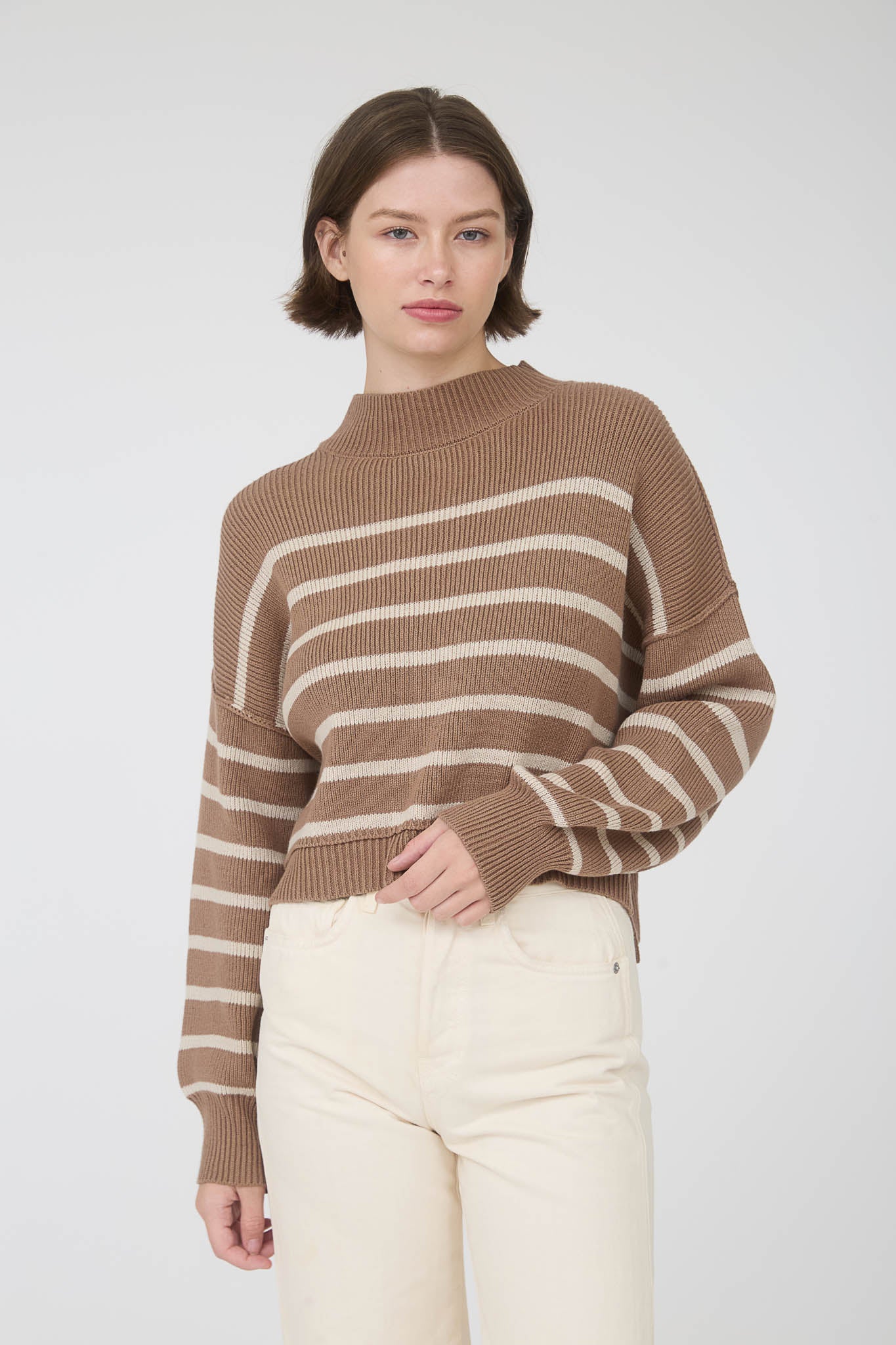 STRIPE MOCK NECK DROP SHOULDER KNIT SWEATER