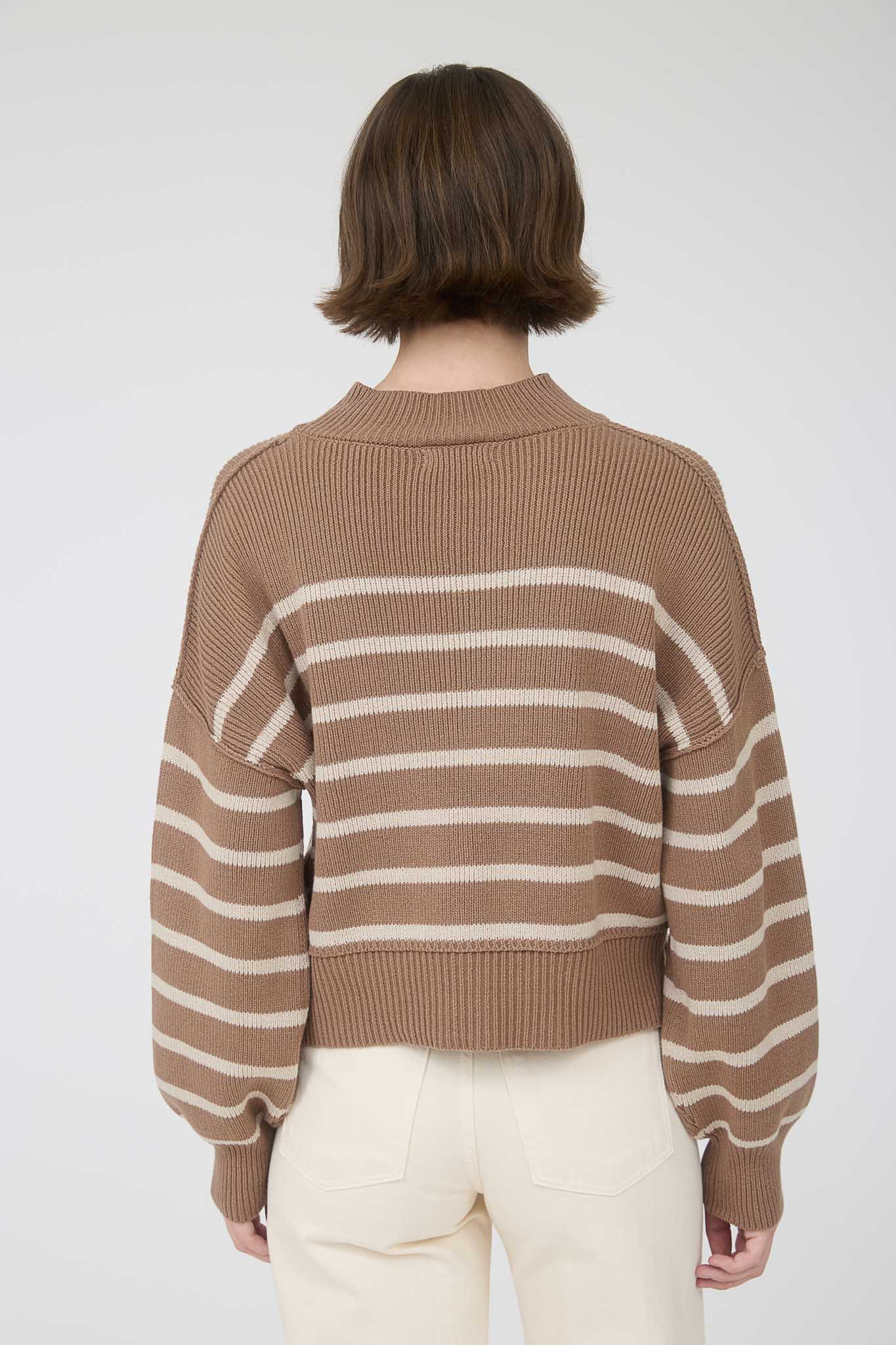 STRIPE MOCK NECK DROP SHOULDER KNIT SWEATER
