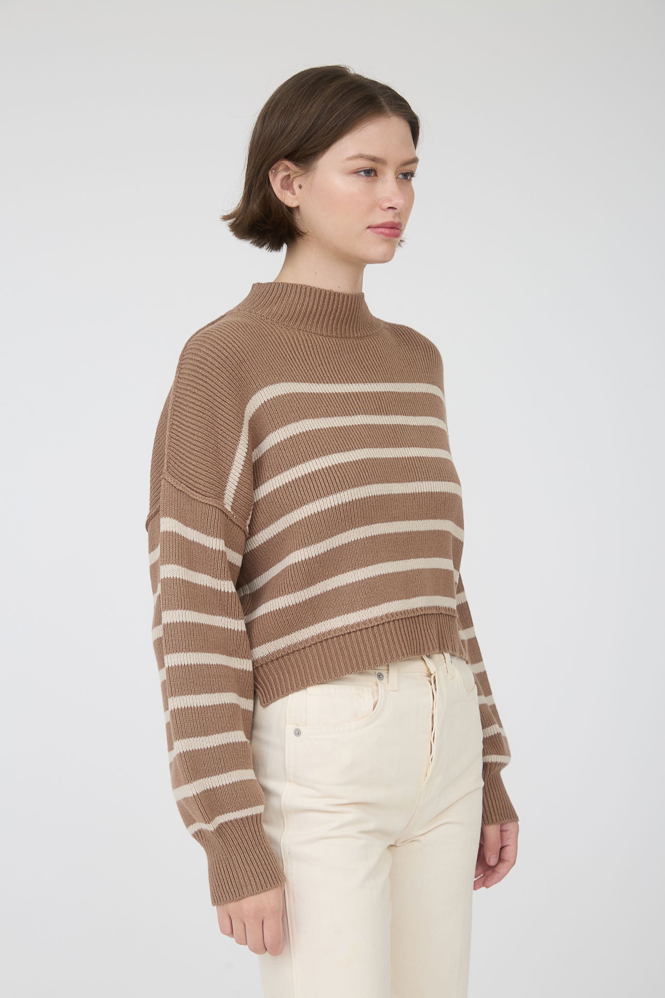 STRIPE MOCK NECK DROP SHOULDER KNIT SWEATER