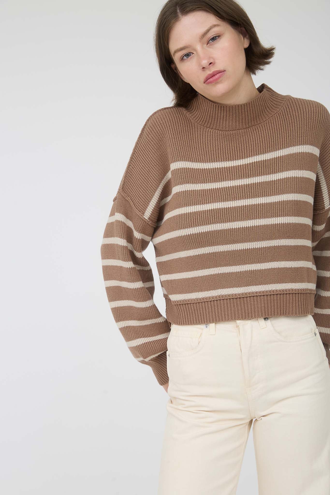 STRIPE MOCK NECK DROP SHOULDER KNIT SWEATER