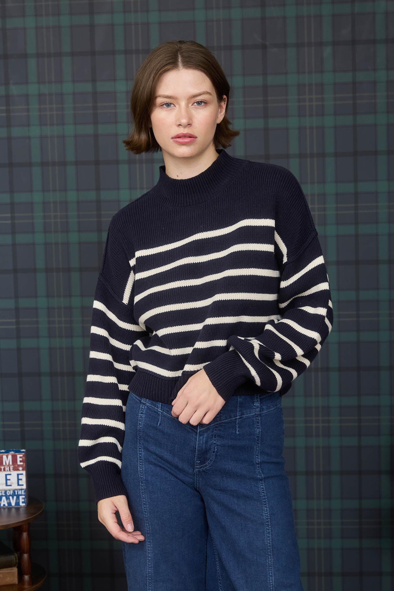 STRIPE MOCK NECK DROP SHOULDER KNIT SWEATER