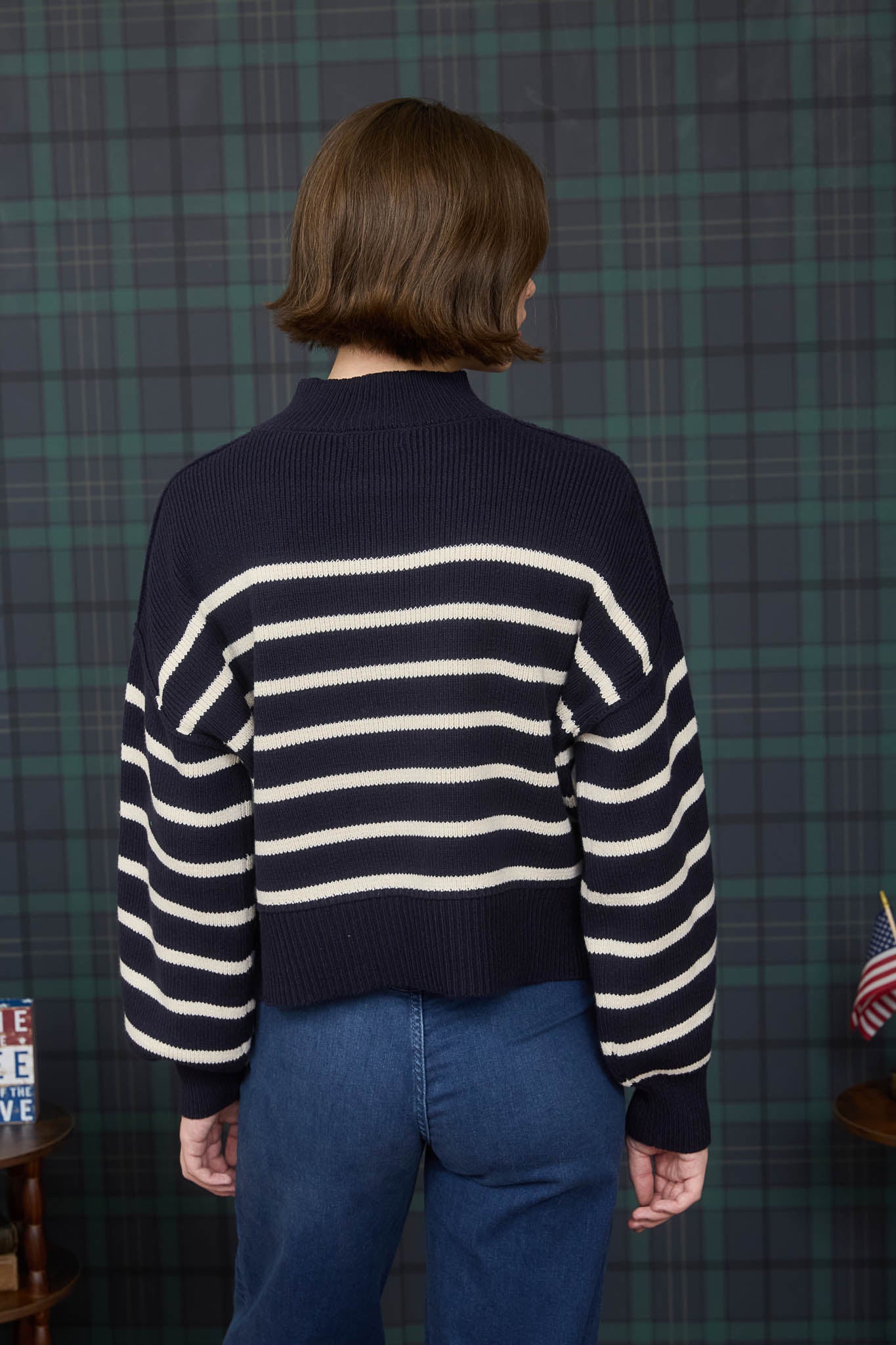 STRIPE MOCK NECK DROP SHOULDER KNIT SWEATER