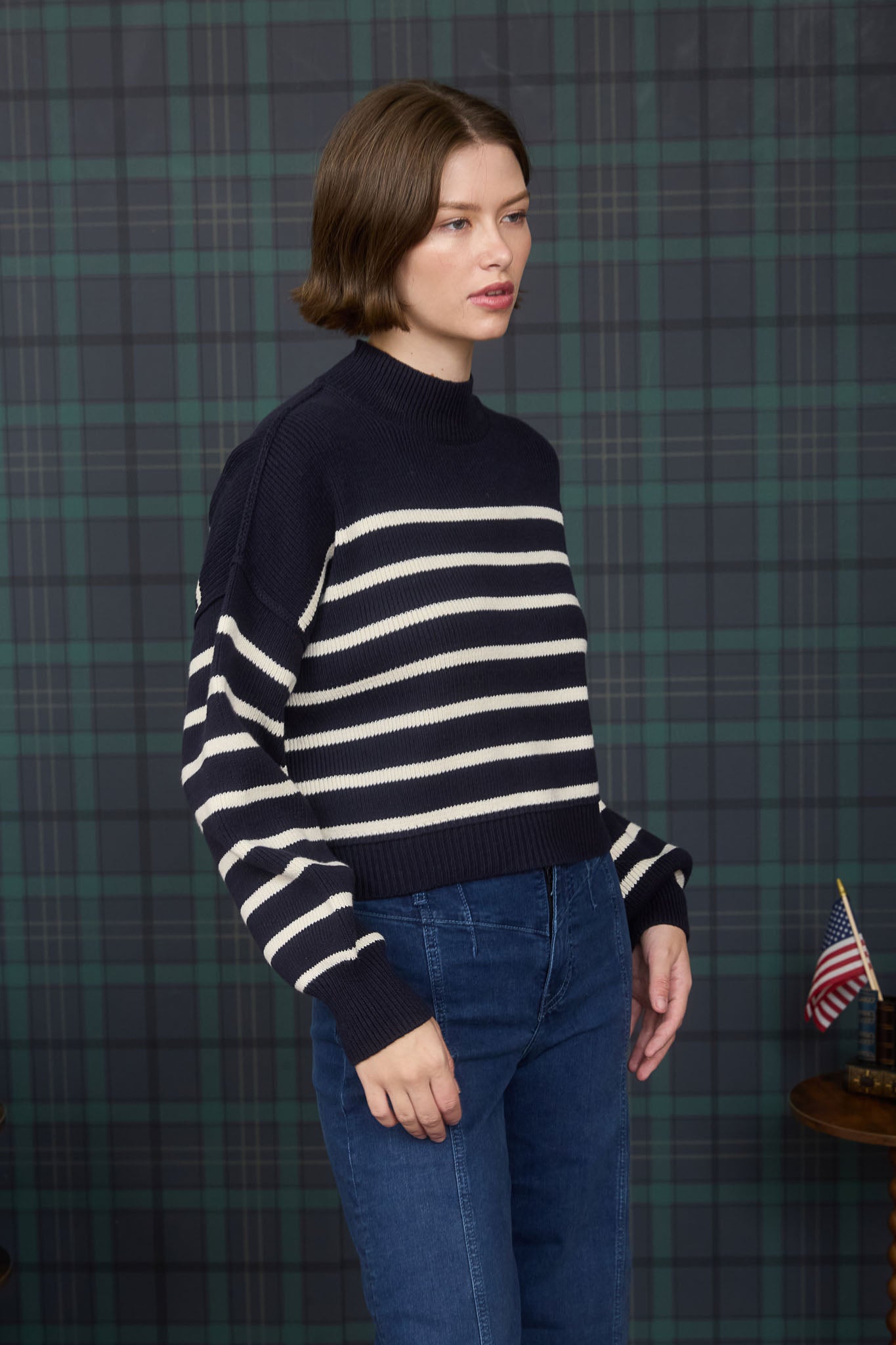 STRIPE MOCK NECK DROP SHOULDER KNIT SWEATER