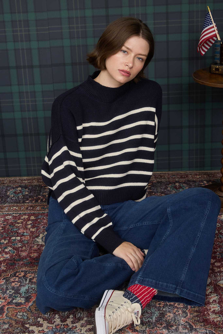 STRIPE MOCK NECK DROP SHOULDER KNIT SWEATER